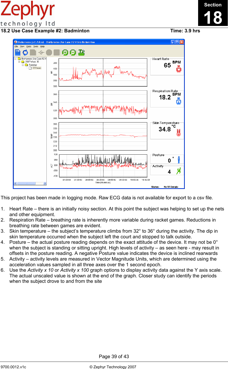      Page 39 of 43 9700.0012.v1c                                                           © Zephyr Technology 2007                                                            18.2 Use Case Example #2: Badminton                                                            Time: 3.9 hrs                              This project has been made in logging mode. Raw ECG data is not available for export to a csv file.  1.  Heart Rate – there is an initially noisy section. At this point the subject was helping to set up the nets and other equipment.  2.  Respiration Rate – breathing rate is inherently more variable during racket games. Reductions in breathing rate between games are evident. 3.  Skin temperature – the subject’s temperature climbs from 32° to 36° during the activity. The dip in skin temperature occurred when the subject left the court and stopped to talk outside. 4.  Posture – the actual posture reading depends on the exact attitude of the device. It may not be 0° when the subject is standing or sitting upright. High levels of activity – as seen here - may result in offsets in the posture reading. A negative Posture value indicates the device is inclined rearwards 5.  Activity – activity levels are measured in Vector Magnitude Units, which are determined using the acceleration values sampled in all three axes over the 1 second epoch. 6. Use the Activity x 10 or Activity x 100 graph options to display activity data against the Y axis scale. The actual unscaled value is shown at the end of the graph. Closer study can identify the periods when the subject drove to and from the site Section18