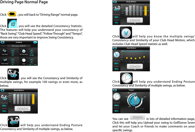 Driving Page Normal PageClick                , you will back to “Driving Range” normal page. Click              , you will see the detailed Consistency Statistic. The features will help you understand your consistency of “Back Swing”, “Club Head Speed”, “Follow Through” and “Tempo”, those are very important to improve Swing Consistency. Click              , you will see the Consistancy and Similarity of multiple swings, for example 100 swings or even more, as below. Click            will help you understand Ending Posture Consistancy and Similarity of multiple swings, as below. Click             will help you know the multiple swings’ Consistency and Similarity of your Club Head Motion, which includes Club Head Speed statistic as well. Click            will help you understand Ending Posture Consistancy and Similarity of multiple swings, as below. You can see                    in lots of detailed information page, Click this will help you Upload your swing to GolfSense Sever and let your Coach or friends to make comments on your specic swings. 