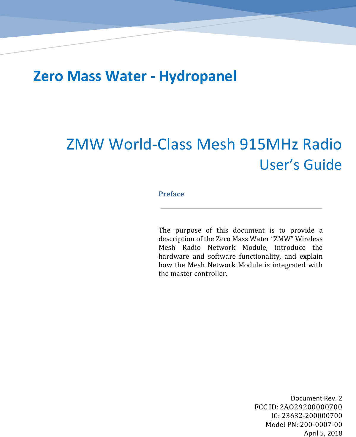 Zero Mass Water 200000700 900MHz Wireless Mesh Radio User Manual Axsys