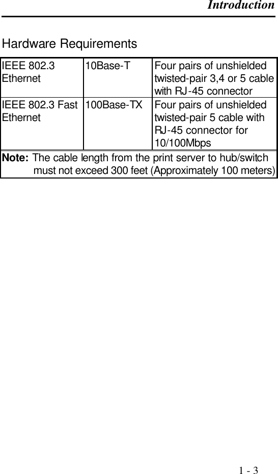 Introduction                                                                                              1 - 3  Hardware Requirements IEEE 802.3 Ethernet 10Base-T Four pairs of unshielded twisted-pair 3,4 or 5 cable with RJ-45 connector IEEE 802.3 Fast Ethernet 100Base-TX Four pairs of unshielded twisted-pair 5 cable with RJ-45 connector for 10/100Mbps Note: The cable length from the print server to hub/switch must not exceed 300 feet (Approximately 100 meters)                   