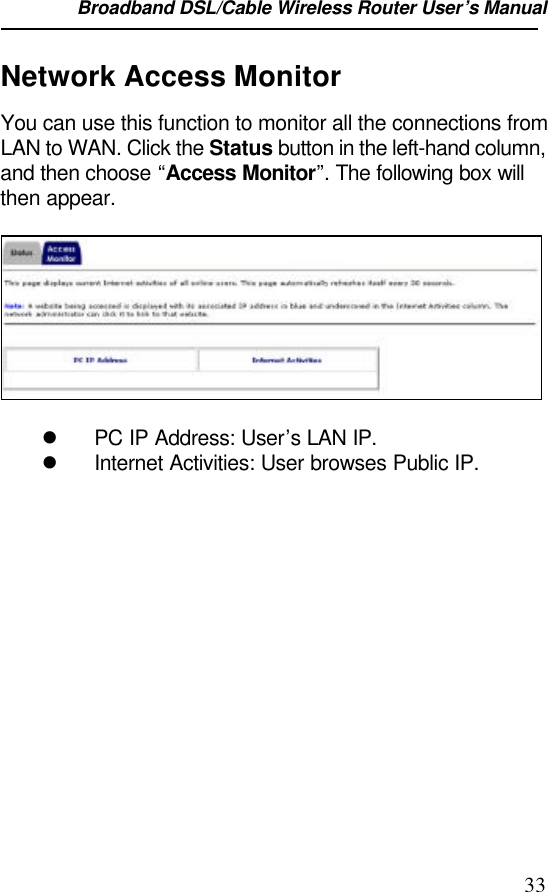 Broadband DSL/Cable Wireless Router User’s Manual                                                                                                33Network Access MonitorYou can use this function to monitor all the connections fromLAN to WAN. Click the Status button in the left-hand column,and then choose “Access Monitor”. The following box willthen appear.l PC IP Address: User’s LAN IP.l Internet Activities: User browses Public IP.