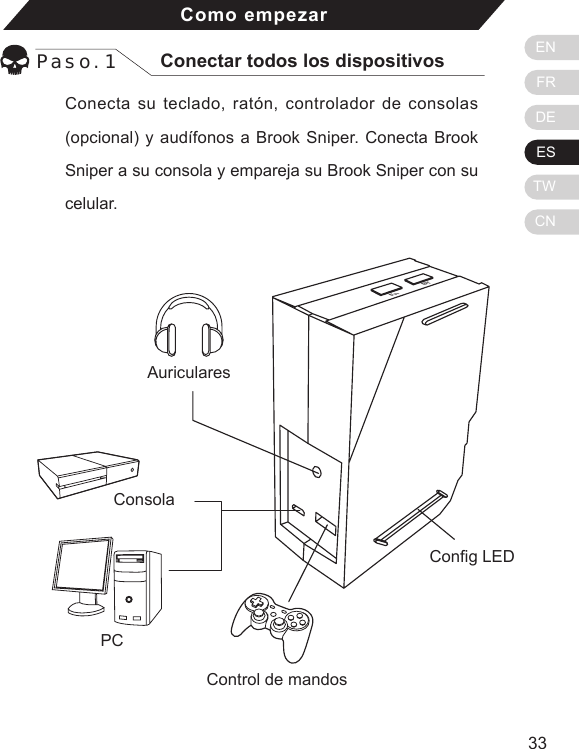 ENFRDEESTWCN3332Como empezarPaso. 1 Conectar todos los dispositivosConecta su teclado, rat&oacute;n, controlador de consolas (opcional) y aud&iacute;fonos a Brook Sniper. Conecta Brook Sniper a su consola y empareja su Brook Sniper con su celular.BTFnCong LEDConsolaPCAuricularesControl de mandos