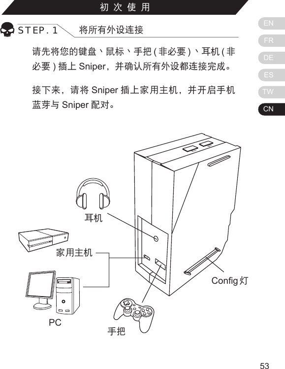 ENFRDEESTWCN5352初次使用STEP. 1 将所有外设连接请先将您的键盘丶鼠标丶手把 (非必要 )丶耳机 (非必要 )插上 Sniper，并确认所有外设都连接完成。接下来，请将 Sniper 插上家用主机，并开启手机蓝芽与 Sniper 配对。Home主机显示灯：PS3/ PS4- 蓝色灯Xbox One/ Xbox 360- 绿色灯BTFnCong 灯家用主机PC耳机手把