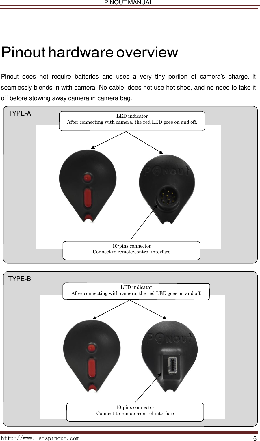   PINOUT MANUAL     http://www.letspinout.com    5         Pinout hardware overview  Pinout  does  not  require  batteries  and  uses  a  very  tiny  portion  of camera’s  charge. It seamlessly blends in with camera. No cable, does not use hot shoe, and no need to take it off before stowing away camera in camera bag.  TYPE-A    LED indicator After connecting with camera, the red LED goes on and off.                          10-pins connector Connect to remote-control interface    TYPE-B    LED indicator After connecting with camera, the red LED goes on and off.                   10-pins connector Connect to remote-control interface 