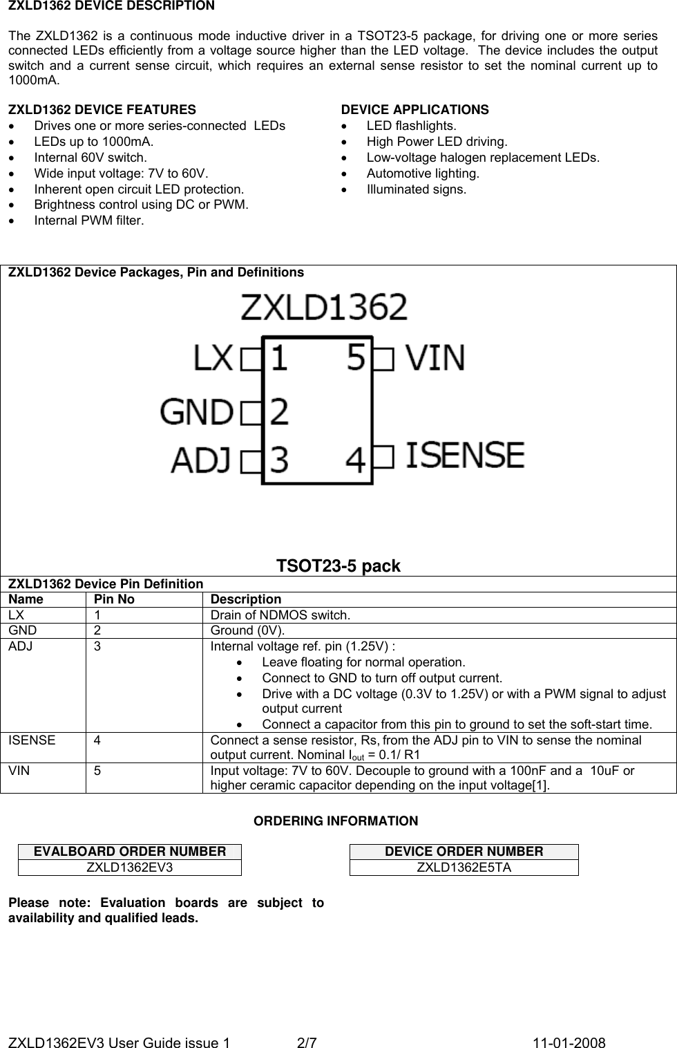 Page 2 of 7 - Zetex Zetex-Zxld1362Ev3-Users-Manual ZXLD1362EV3 User Guide Issue 1