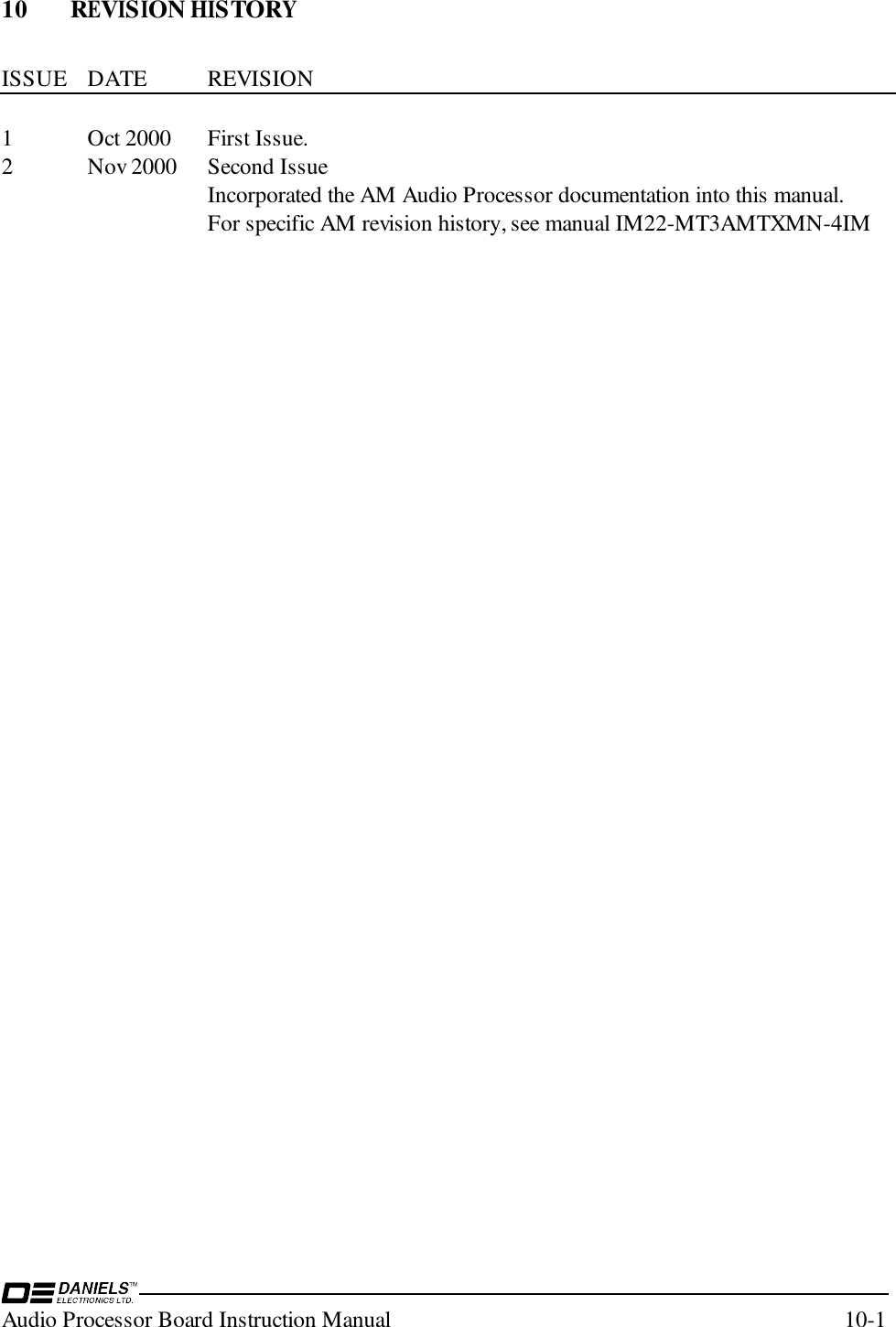 Audio Processor Board Instruction Manual 10-110 REVISION HISTORYISSUE DATE REVISION1 Oct 2000 First Issue.2 Nov 2000 Second IssueIncorporated the AM Audio Processor documentation into this manual.For specific AM revision history, see manual IM22-MT3AMTXMN-4IM