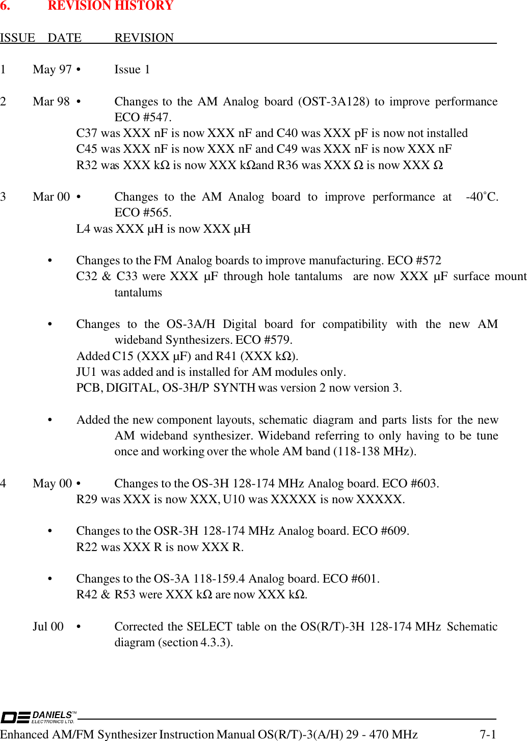Enhanced AM/FM Synthesizer Instruction Manual OS(R/T)-3(A/H) 29 - 470 MHz 7-16. REVISION HISTORYISSUE    DATE           REVISION                                                                                                      1 May 97 • Issue 12 Mar 98 • Changes to the AM Analog board (OST-3A128)  to improve performanceECO #547.C37 was XXX nF is now XXX nF and C40 was XXX pF is now not installedC45 was XXX nF is now XXX nF and C49 was XXX nF is now XXX nFR32 was XXX kΩ is now XXX kΩand R36 was XXX Ω is now XXX Ω3 Mar 00 • Changes  to  the  AM Analog board  to improve performance at    -40˚C.ECO #565.L4 was XXX µH is now XXX µH• Changes to the FM Analog boards to improve manufacturing. ECO #572C32 &amp; C33 were XXX µF through hole tantalums  are now XXX µF surface mounttantalums• Changes  to  the  OS-3A/H Digital board  for compatibility with the  new  AMwideband Synthesizers. ECO #579.Added C15 (XXX µF) and R41 (XXX kΩ).JU1 was added and is installed for AM modules only.PCB, DIGITAL, OS-3H/P SYNTH was version 2 now version 3.• Added the new component layouts, schematic diagram and parts lists for  the newAM wideband synthesizer. Wideband referring to only having to be tuneonce and working over the whole AM band (118-138 MHz).4 May 00 • Changes to the OS-3H 128-174 MHz Analog board. ECO #603.R29 was XXX is now XXX, U10 was XXXXX is now XXXXX.• Changes to the OSR-3H 128-174 MHz Analog board. ECO #609.R22 was XXX R is now XXX R.• Changes to the OS-3A 118-159.4 Analog board. ECO #601.R42 &amp; R53 were XXX kΩ are now XXX kΩ.Jul 00 •Corrected the SELECT table on the OS(R/T)-3H 128-174 MHz Schematicdiagram (section 4.3.3).