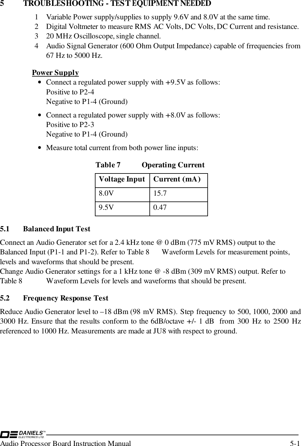 Audio Processor Board Instruction Manual 5-15 TROUBLESHOOTING - TEST EQUIPMENT NEEDED1 Variable Power supply/supplies to supply 9.6V and 8.0V at the same time.2 Digital Voltmeter to measure RMS AC Volts, DC Volts, DC Current and resistance.3 20 MHz Oscilloscope, single channel.4 Audio Signal Generator (600 Ohm Output Impedance) capable of frrequencies from67 Hz to 5000 Hz.Power Supply• Connect a regulated power supply with +9.5V as follows:Positive to P2-4Negative to P1-4 (Ground)• Connect a regulated power supply with +8.0V as follows:Positive to P2-3Negative to P1-4 (Ground)• Measure total current from both power line inputs:Table 7 Operating CurrentVoltage InputCurrent (mA)8.0V 15.79.5V 0.475.1 Balanced Input TestConnect an Audio Generator set for a 2.4 kHz tone @ 0 dBm (775 mV RMS) output to theBalanced Input (P1-1 and P1-2). Refer to Table 8 Waveform Levels for measurement points,levels and waveforms that should be present.Change Audio Generator settings for a 1 kHz tone @ -8 dBm (309 mV RMS) output. Refer toTable 8 Waveform Levels for levels and waveforms that should be present.5.2 Frequency Response TestReduce Audio Generator level to –18 dBm (98 mV RMS). Step frequency to 500, 1000, 2000 and3000 Hz. Ensure that the results conform to the 6dB/octave +/- 1 dB  from 300 Hz to 2500 Hzreferenced to 1000 Hz. Measurements are made at JU8 with respect to ground.
