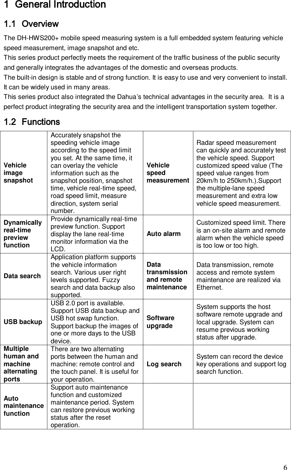                                                                              6 1 General Introduction  1.1 Overview  The DH-HWS200+ mobile speed measuring system is a full embedded system featuring vehicle speed measurement, image snapshot and etc.  This series product perfectly meets the requirement of the traffic business of the public security and generally integrates the advantages of the domestic and overseas products. The built-in design is stable and of strong function. It is easy to use and very convenient to install. It can be widely used in many areas.  This series product also integrated the Dahua&rsquo;s technical advantages in the security area.  It is a perfect product integrating the security area and the intelligent transportation system together.  1.2 Functions Vehicle image snapshot  Accurately snapshot the speeding vehicle image according to the speed limit you set. At the same time, it can overlay the vehicle information such as the snapshot position, snapshot time, vehicle real-time speed, road speed limit, measure direction, system serial number. Vehicle speed measurement  Radar speed measurement can quickly and accurately test the vehicle speed. Support customized speed value (The speed value ranges from 20km/h to 250km/h.).Support the multiple-lane speed measurement and extra low vehicle speed measurement.    Dynamically real-time preview function  Provide dynamically real-time preview function. Support display the lane real-time monitor information via the LCD.  Auto alarm  Customized speed limit. There is an on-site alarm and remote alarm when the vehicle speed is too low or too high.  Data search Application platform supports the vehicle information search. Various user right levels supported. Fuzzy search and data backup also supported.  Data transmission and remote maintenance  Data transmission, remote access and remote system maintenance are realized via Ethernet. USB backup  USB 2.0 port is available. Support USB data backup and USB hot swap function. Support backup the images of one or more days to the USB device.  Software upgrade System supports the host software remote upgrade and local upgrade. System can resume previous working status after upgrade.  Multiple human and machine alternating ports There are two alternating ports between the human and machine: remote control and the touch panel. It is useful for your operation. Log search  System can record the device key operations and support log search function. Auto maintenance function  Support auto maintenance function and customized maintenance period. System can restore previous working status after the reset operation.     