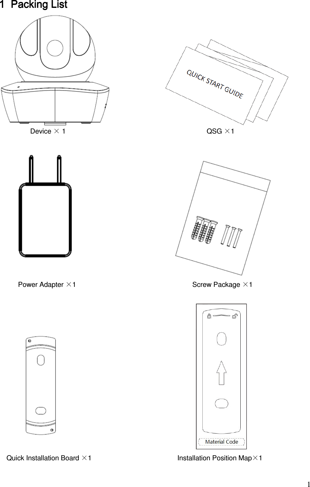                                                                          11111 Packing List Packing List Packing List Packing List                           Device × 1                                                                          QSG ×1                                            Power Adapter ×1                                                             Screw Package ×1                                                                  Quick Installation Board ×1                                             Installation Position Map×1 