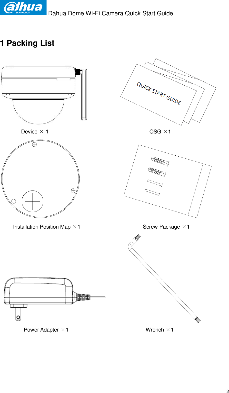  Dahua Dome Wi-Fi Camera Quick Start Guide  2 1 Packing List                               Device × 1                                                                    QSG ×1                      Installation Position Map ×1                                          Screw Package ×1          Power Adapter ×1                                                    Wrench ×1 