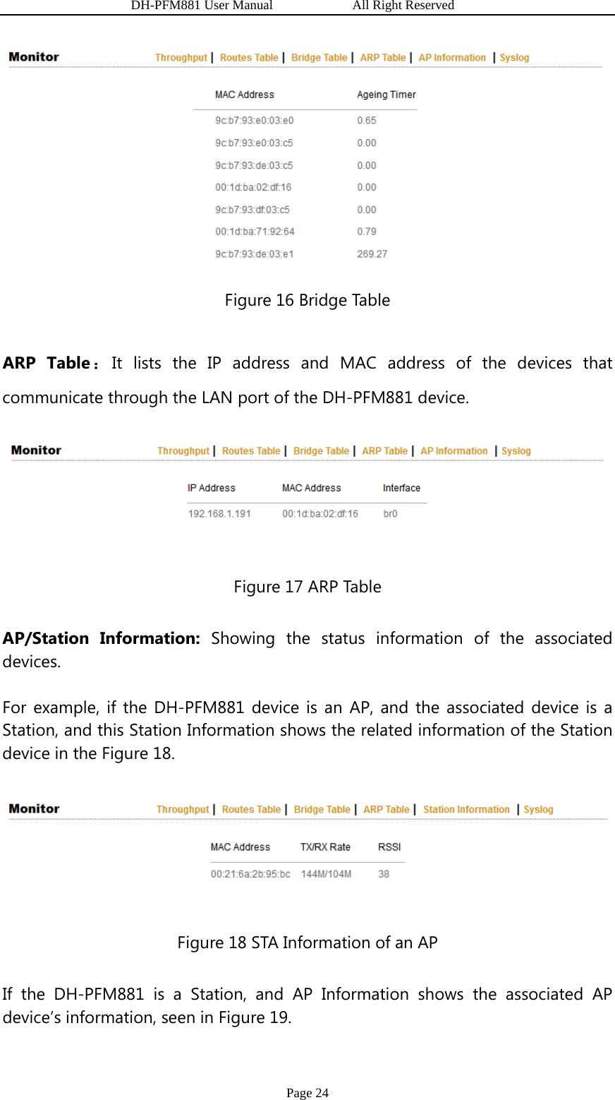                   DH-PFM881 User Manual            All Right Reserved Page 24  Figure 16 Bridge Table ARP Table ：It lists the IP address and MAC address of the devices that communicate through the LAN port of the DH-PFM881 device.  Figure 17 ARP Table AP/Station Information: Showing the status information of the associated devices. For example, if the DH-PFM881 device is an AP, and the associated device is a Station, and this Station Information shows the related information of the Station device in the Figure 18.  Figure 18 STA Information of an AP If the DH-PFM881 is a Station, and AP Information shows the associated AP device’s information, seen in Figure 19. 