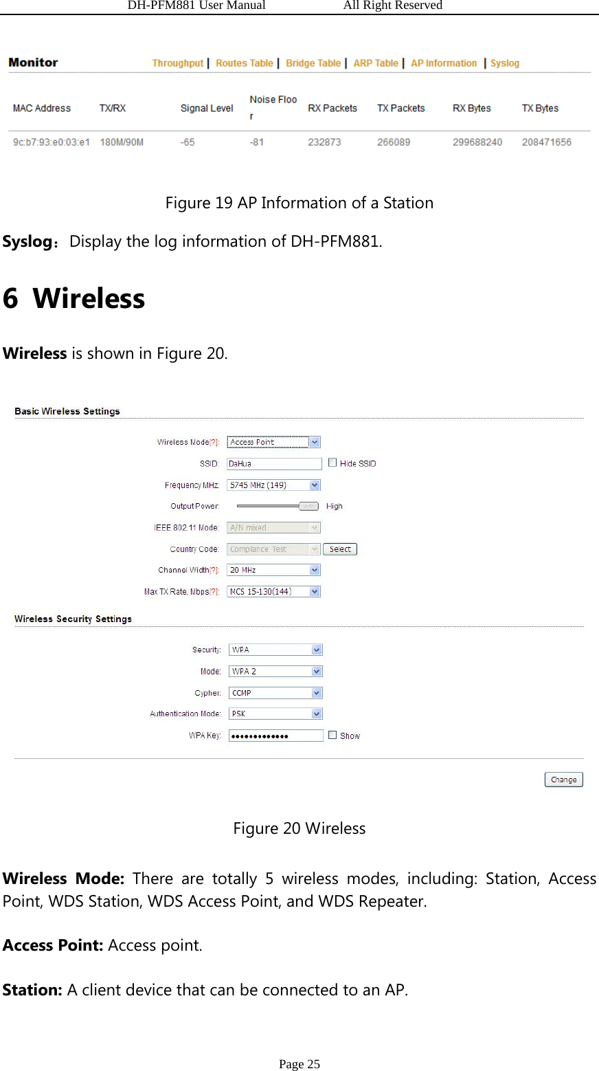                   DH-PFM881 User Manual            All Right Reserved Page 25  Figure 19 AP Information of a Station Syslog：Display the log information of DH-PFM881. 6 Wireless Wireless is shown in Figure 20.  Figure 20 Wireless Wireless Mode: There are totally 5 wireless modes, including: Station, Access Point, WDS Station, WDS Access Point, and WDS Repeater. Access Point: Access point. Station: A client device that can be connected to an AP. 