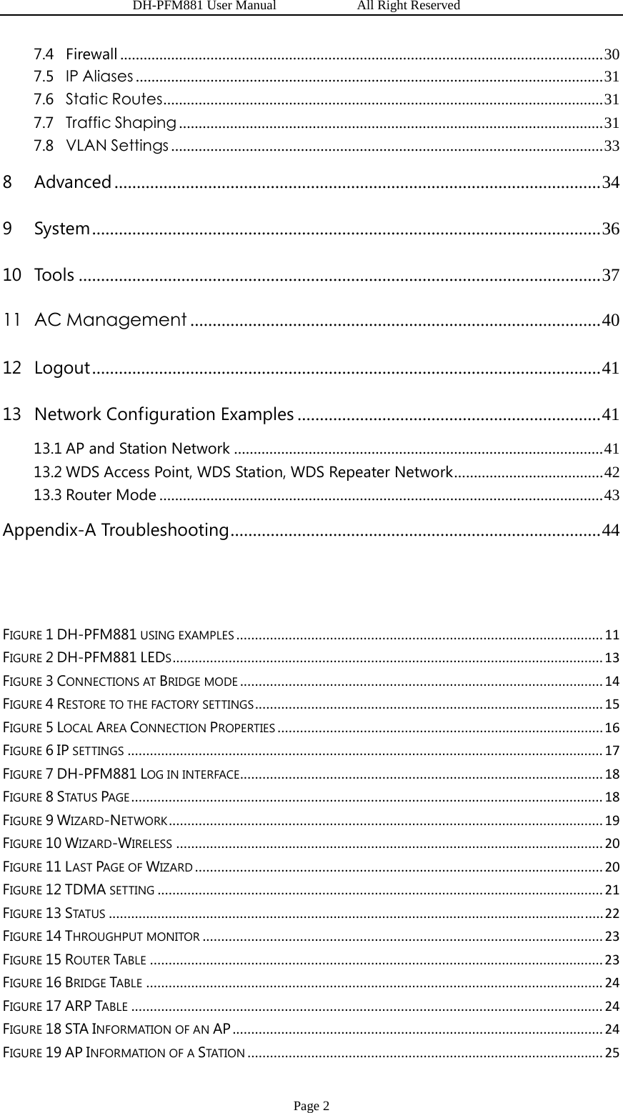                   DH-PFM881 User Manual            All Right Reserved Page 2 7.4Firewall ........................................................................................................................... 307.5IP Aliases ....................................................................................................................... 317.6Static Routes ................................................................................................................  317.7Traffic Shaping ............................................................................................................ 317.8VLAN Settings .............................................................................................................. 338Advanced ............................................................................................................. 349System .................................................................................................................. 3610Tools ..................................................................................................................... 3711AC Management ............................................................................................ 4012Logout .................................................................................................................. 4113Network Configuration Examples .................................................................... 4113.1AP and Station Network .............................................................................................. 4113.2WDS Access Point, WDS Station, WDS Repeater Network ...................................... 4213.3Router Mode ................................................................................................................. 43Appendix-A Troubleshooting ................................................................................... 44  FIGURE 1 DH-PFM881 USING EXAMPLES..................................................................................................11FIGURE 2 DH-PFM881 LEDS...................................................................................................................13FIGURE 3 CONNECTIONS AT BRIDGE MODE.................................................................................................14FIGURE 4 RESTORE TO THE FACTORY SETTINGS.............................................................................................15FIGURE 5 LOCAL AREA CONNECTION PROPERTIES.......................................................................................16FIGURE 6 IP SETTINGS...............................................................................................................................17FIGURE 7 DH-PFM881 LOG IN INTERFACE.................................................................................................18FIGURE 8 STATUS PAGE..............................................................................................................................18FIGURE 9 WIZARD-NETWORK....................................................................................................................19FIGURE 10 WIZARD-WIRELESS..................................................................................................................20FIGURE 11 LAST PAGE OF WIZARD.............................................................................................................20FIGURE 12 TDMA SETTING.......................................................................................................................21FIGURE 13 STATUS....................................................................................................................................22FIGURE 14 THROUGHPUT MONITOR...........................................................................................................23FIGURE 15 ROUTER TABLE.........................................................................................................................23FIGURE 16 BRIDGE TABLE..........................................................................................................................24FIGURE 17 ARP TABLE..............................................................................................................................24FIGURE 18 STA INFORMATION OF AN AP...................................................................................................24FIGURE 19 AP INFORMATION OF A STATION...............................................................................................25