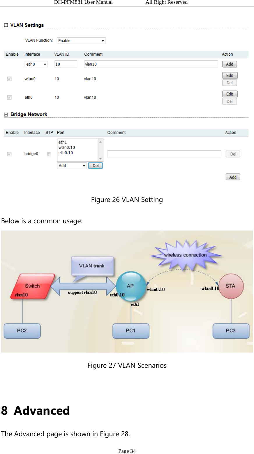                   DH-PFM881 User Manual            All Right Reserved Page 34  Figure 26 VLAN Setting Below is a common usage:  Figure 27 VLAN Scenarios  8 Advanced The Advanced page is shown in Figure 28. 