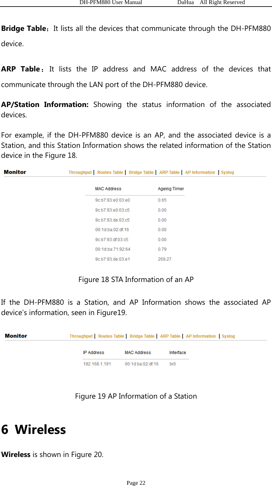   DH-PFM880 User Manual            DaHua  All Right Reserved Page 22 Bridge Table：It lists all the devices that communicate through the DH-PFM880 device. ARP Table ：It lists the IP address and MAC address of the devices that communicate through the LAN port of the DH-PFM880 device. AP/Station Information: Showing the status information of the associated devices. For example, if the DH-PFM880 device is an AP, and the associated device is a Station, and this Station Information shows the related information of the Station device in the Figure 18.  Figure 18 STA Information of an AP If the DH-PFM880 is a Station, and AP Information shows the associated AP device’s information, seen in Figure19.  Figure 19 AP Information of a Station  6 Wireless Wireless is shown in Figure 20. 
