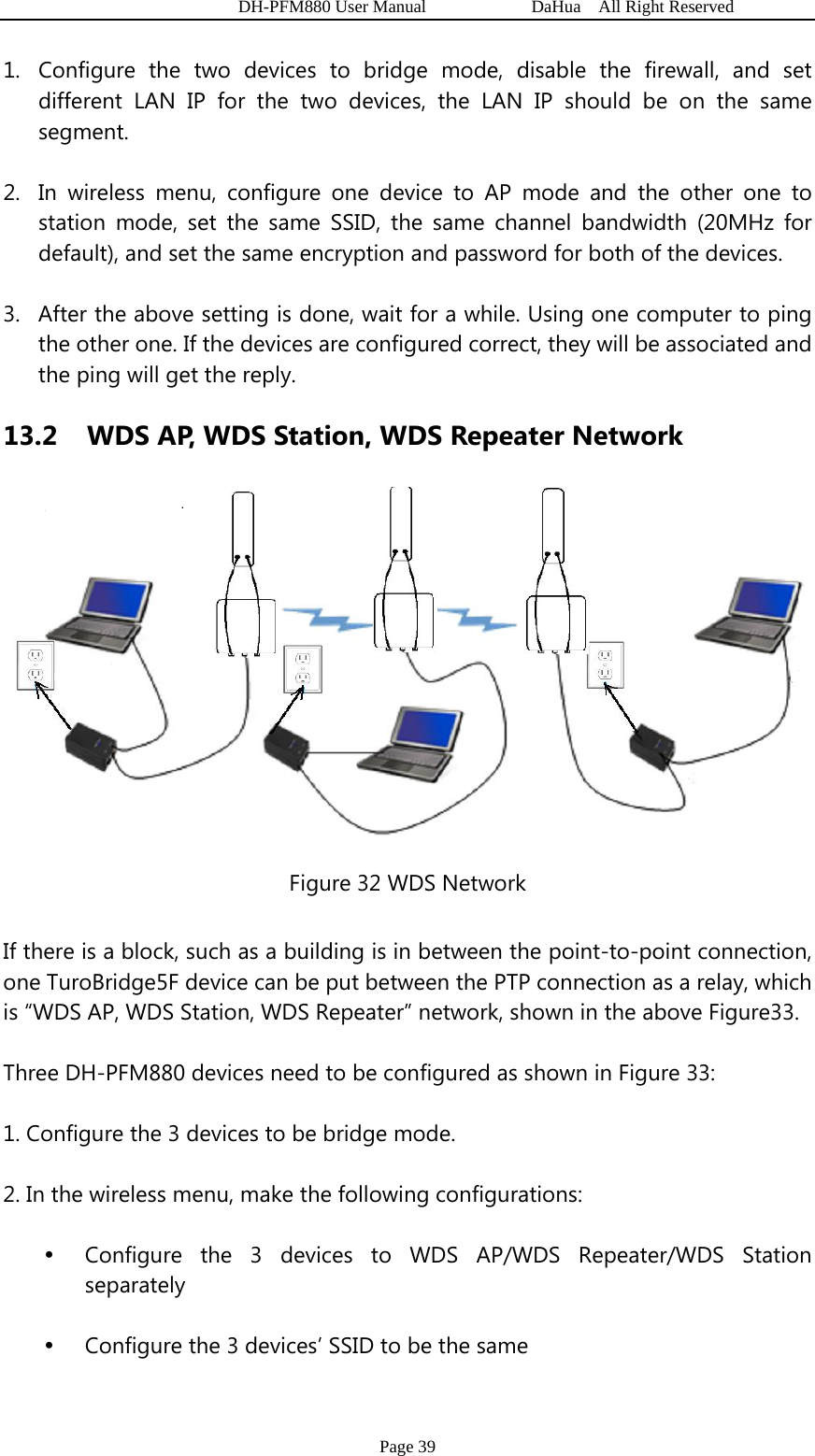  DH-PFM880 User Manual            DaHua  All Right Reserved Page 39 1. Configure the two devices to bridge mode, disable the firewall, and set different LAN IP for the two devices, the LAN IP should be on the same segment. 2. In wireless menu, configure one device to AP mode and the other one to station mode, set the same SSID, the same channel bandwidth (20MHz for default), and set the same encryption and password for both of the devices.   3. After the above setting is done, wait for a while. Using one computer to ping the other one. If the devices are configured correct, they will be associated and the ping will get the reply. 13.2   WDS AP, WDS Station, WDS Repeater Network  Figure 32 WDS Network If there is a block, such as a building is in between the point-to-point connection, one TuroBridge5F device can be put between the PTP connection as a relay, which is “WDS AP, WDS Station, WDS Repeater” network, shown in the above Figure33. Three DH-PFM880 devices need to be configured as shown in Figure 33: 1. Configure the 3 devices to be bridge mode. 2. In the wireless menu, make the following configurations: y Configure the 3 devices to WDS AP/WDS Repeater/WDS Station separately y Configure the 3 devices’ SSID to be the same 
