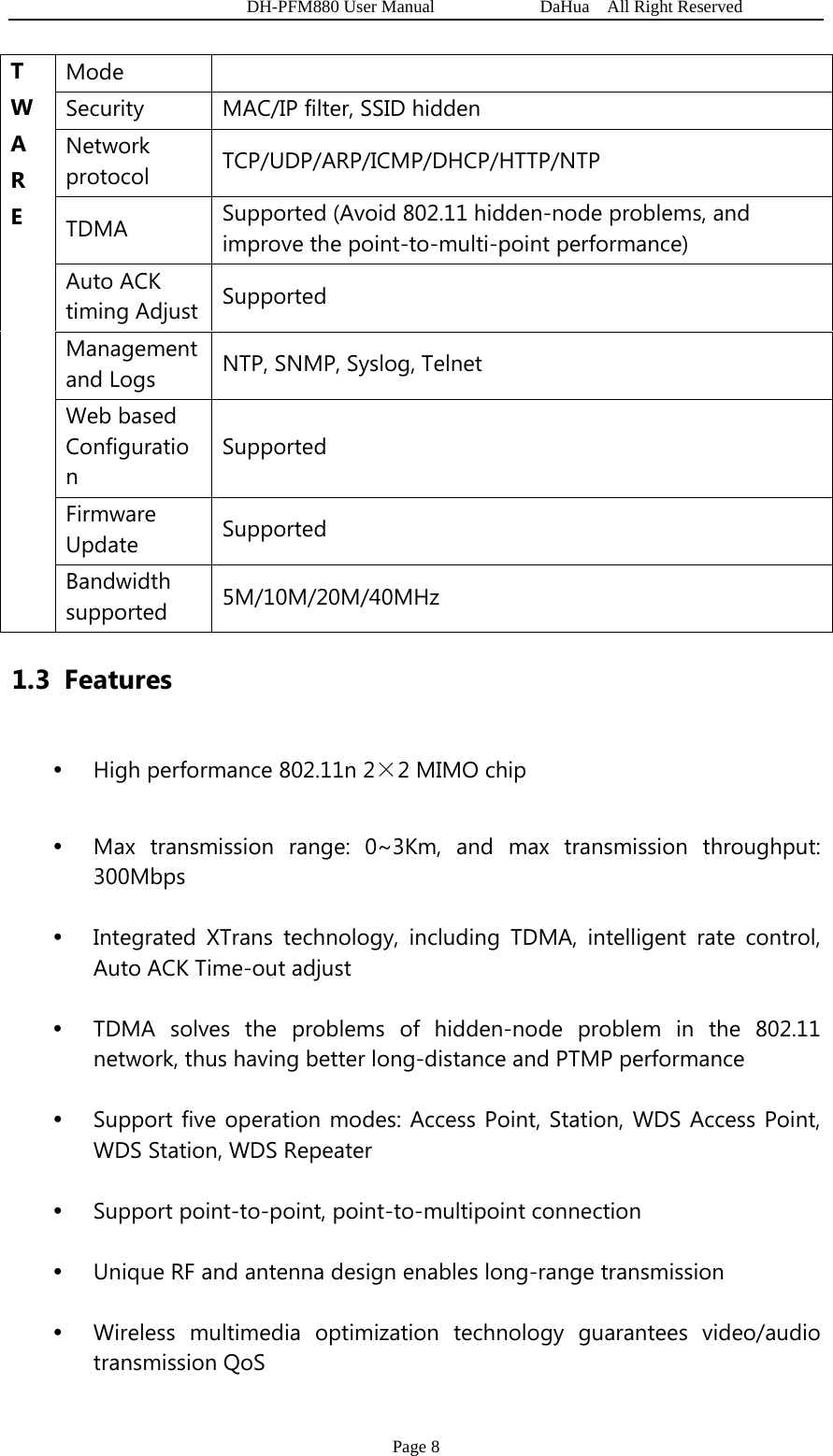   DH-PFM880 User Manual            DaHua  All Right Reserved Page 8 T W A R E Mode Security  MAC/IP filter, SSID hidden Network protocol  TCP/UDP/ARP/ICMP/DHCP/HTTP/NTP TDMA   Supported (Avoid 802.11 hidden-node problems, and improve the point-to-multi-point performance) Auto ACK timing Adjust  Supported Management and Logs  NTP, SNMP, Syslog, Telnet Web based Configuration Supported Firmware Update  Supported Bandwidth supported  5M/10M/20M/40MHz 1.3 Features y High performance 802.11n 2×2 MIMO chip y Max transmission range: 0~3Km, and max transmission throughput: 300Mbps y Integrated XTrans technology, including TDMA, intelligent rate control, Auto ACK Time-out adjust   y TDMA solves the problems of hidden-node problem in the 802.11 network, thus having better long-distance and PTMP performance y Support five operation modes: Access Point, Station, WDS Access Point, WDS Station, WDS Repeater y Support point-to-point, point-to-multipoint connection y Unique RF and antenna design enables long-range transmission y Wireless multimedia optimization technology guarantees video/audio transmission QoS 