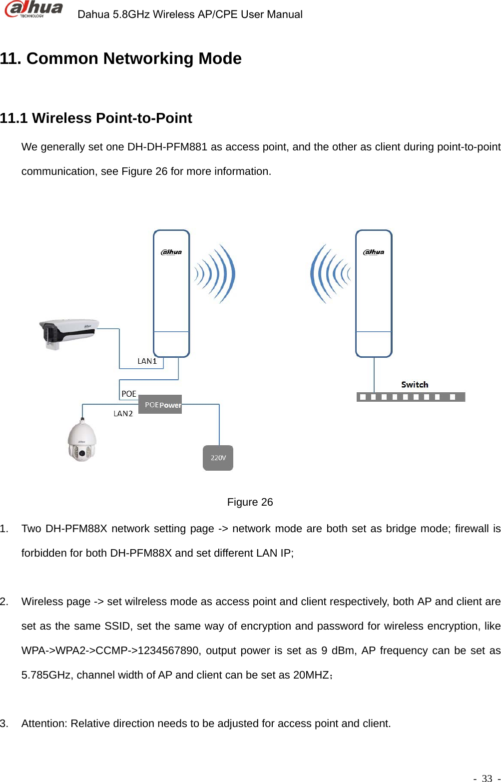             Dahua 5.8GHz Wireless AP/CPE User Manual        - 33 - 11. Common Networking Mode   11.1 Wireless Point-to-Point We generally set one DH-DH-PFM881 as access point, and the other as client during point-to-point communication, see Figure 26 for more information.  Figure 26 1.  Two DH-PFM88X network setting page -&gt; network mode are both set as bridge mode; firewall is forbidden for both DH-PFM88X and set different LAN IP;  2.  Wireless page -&gt; set wilreless mode as access point and client respectively, both AP and client are set as the same SSID, set the same way of encryption and password for wireless encryption, like WPA-&gt;WPA2-&gt;CCMP-&gt;1234567890, output power is set as 9 dBm, AP frequency can be set as 5.785GHz, channel width of AP and client can be set as 20MHZ；    3.  Attention: Relative direction needs to be adjusted for access point and client. 