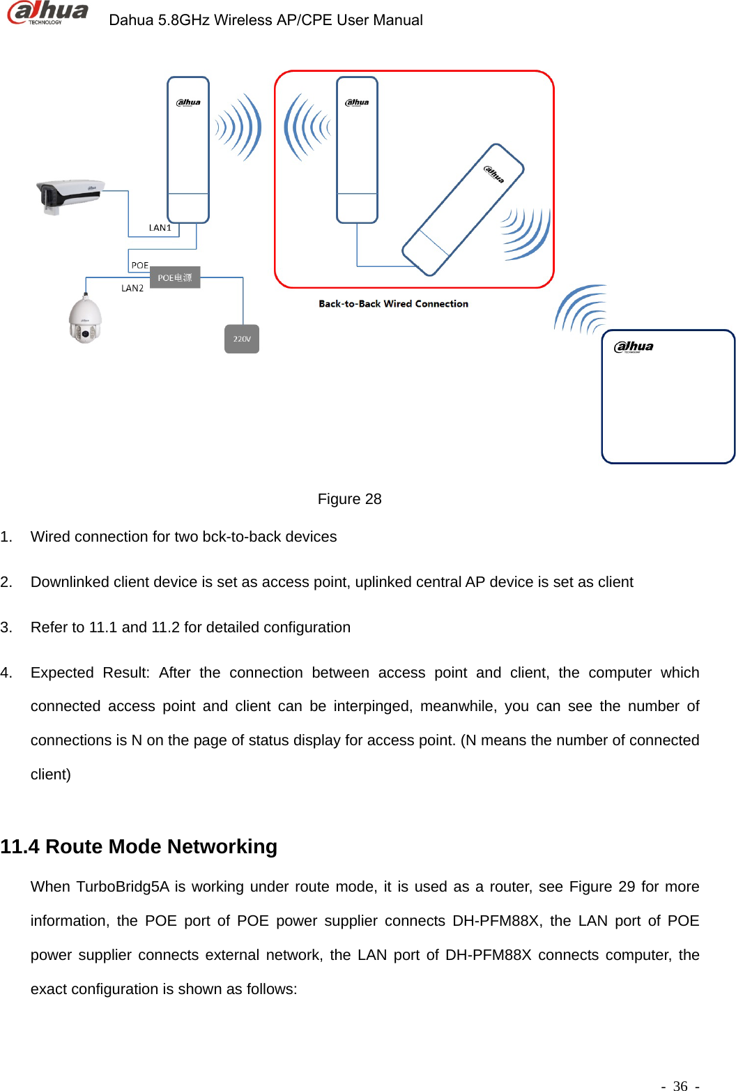             Dahua 5.8GHz Wireless AP/CPE User Manual        - 36 -  Figure 28 1.  Wired connection for two bck-to-back devices 2.  Downlinked client device is set as access point, uplinked central AP device is set as client   3.  Refer to 11.1 and 11.2 for detailed configuration 4.  Expected Result: After the connection between access point and client, the computer which connected access point and client can be interpinged, meanwhile, you can see the number of connections is N on the page of status display for access point. (N means the number of connected client) 11.4 Route Mode Networking When TurboBridg5A is working under route mode, it is used as a router, see Figure 29 for more information, the POE port of POE power supplier connects DH-PFM88X, the LAN port of POE power supplier connects external network, the LAN port of DH-PFM88X connects computer, the exact configuration is shown as follows:   