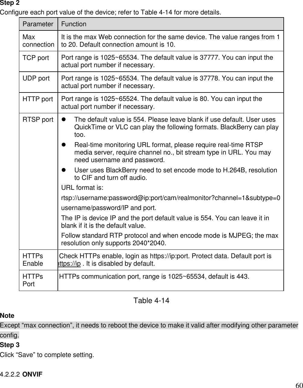                                                                              60 Step 2  Configure each port value of the device; refer to Table 4-14 for more details.  Parameter  Function  Max connection  It is the max Web connection for the same device. The value ranges from 1 to 20. Default connection amount is 10. TCP port  Port range is 1025~65534. The default value is 37777. You can input the actual port number if necessary.  UDP port  Port range is 1025~65534. The default value is 37778. You can input the actual port number if necessary. HTTP port  Port range is 1025~65524. The default value is 80. You can input the actual port number if necessary. RTSP port   The default value is 554. Please leave blank if use default. User uses QuickTime or VLC can play the following formats. BlackBerry can play too.    Real-time monitoring URL format, please require real-time RTSP media server, require channel no., bit stream type in URL. You may need username and password.    User uses BlackBerry need to set encode mode to H.264B, resolution to CIF and turn off audio.  URL format is: rtsp://username:password@ip:port/cam/realmonitor?channel=1&amp;subtype=0 username/password/IP and port.  The IP is device IP and the port default value is 554. You can leave it in blank if it is the default value.  Follow standard RTP protocol and when encode mode is MJPEG; the max resolution only supports 2040*2040.  HTTPs Enable  Check HTTPs enable, login as https://ip:port. Protect data. Default port is https://ip . It is disabled by default.  HTTPs Port HTTPs communication port, range is 1025~65534, default is 443.  Table 4-14 Note Except “max connection”, it needs to reboot the device to make it valid after modifying other parameter config.  Step 3 Click “Save” to complete setting.   4.2.2.2 ONVIF 