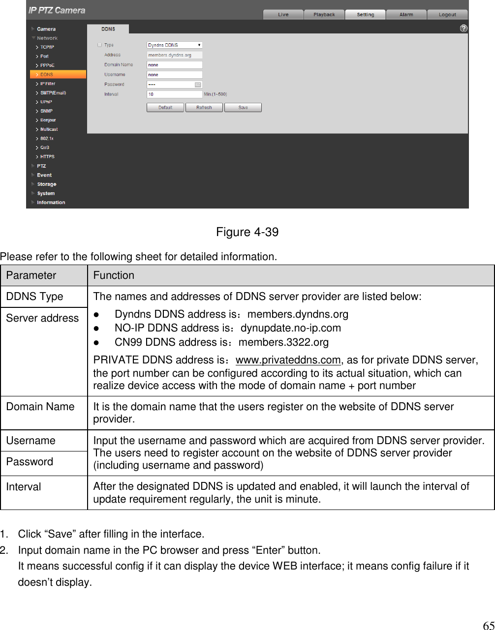                                                                              65  Figure 4-39 Please refer to the following sheet for detailed information.  Parameter  Function  DDNS Type The names and addresses of DDNS server provider are listed below:   Dyndns DDNS address is：members.dyndns.org  NO-IP DDNS address is：dynupdate.no-ip.com  CN99 DDNS address is：members.3322.org PRIVATE DDNS address is：www.privateddns.com, as for private DDNS server, the port number can be configured according to its actual situation, which can realize device access with the mode of domain name + port number  Server address Domain Name It is the domain name that the users register on the website of DDNS server provider.  Username Input the username and password which are acquired from DDNS server provider. The users need to register account on the website of DDNS server provider (including username and password) Password Interval After the designated DDNS is updated and enabled, it will launch the interval of update requirement regularly, the unit is minute.   1.  Click “Save” after filling in the interface.  2.  Input domain name in the PC browser and press “Enter” button.  It means successful config if it can display the device WEB interface; it means config failure if it doesn‟t display.   