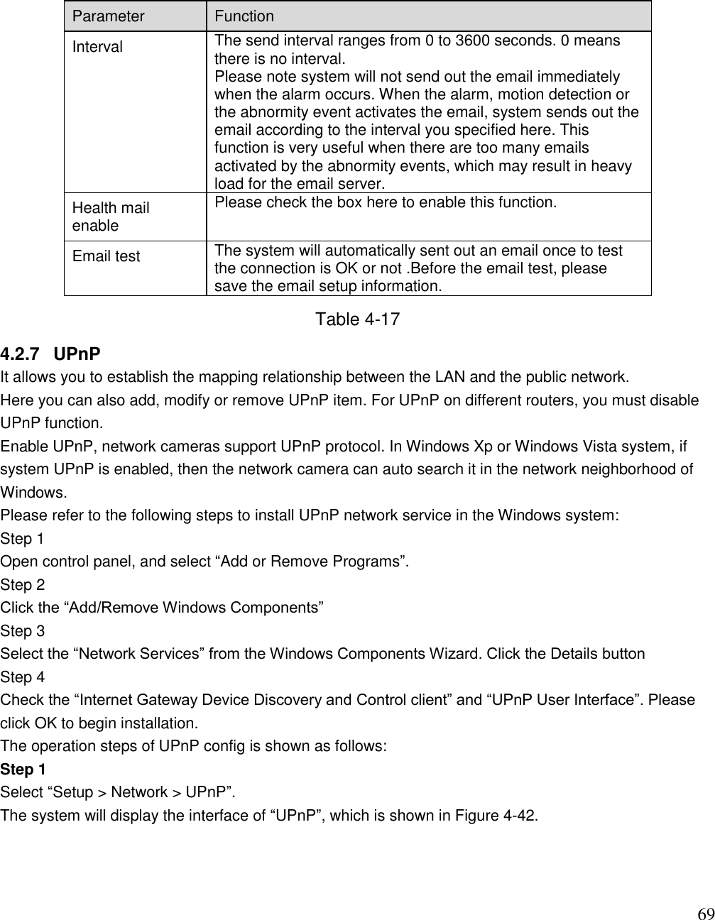                                                                              69 Parameter  Function  Interval  The send interval ranges from 0 to 3600 seconds. 0 means there is no interval. Please note system will not send out the email immediately when the alarm occurs. When the alarm, motion detection or the abnormity event activates the email, system sends out the email according to the interval you specified here. This function is very useful when there are too many emails activated by the abnormity events, which may result in heavy load for the email server. Health mail enable  Please check the box here to enable this function.  Email test  The system will automatically sent out an email once to test the connection is OK or not .Before the email test, please save the email setup information.  Table 4-17 4.2.7  UPnP It allows you to establish the mapping relationship between the LAN and the public network. Here you can also add, modify or remove UPnP item. For UPnP on different routers, you must disable UPnP function. Enable UPnP, network cameras support UPnP protocol. In Windows Xp or Windows Vista system, if system UPnP is enabled, then the network camera can auto search it in the network neighborhood of Windows.  Please refer to the following steps to install UPnP network service in the Windows system:  Step 1  Open control panel, and select “Add or Remove Programs”.  Step 2  Click the “Add/Remove Windows Components” Step 3  Select the “Network Services” from the Windows Components Wizard. Click the Details button Step 4  Check the “Internet Gateway Device Discovery and Control client” and “UPnP User Interface”. Please click OK to begin installation. The operation steps of UPnP config is shown as follows:  Step 1  Select “Setup &gt; Network &gt; UPnP”.  The system will display the interface of “UPnP”, which is shown in Figure 4-42.  