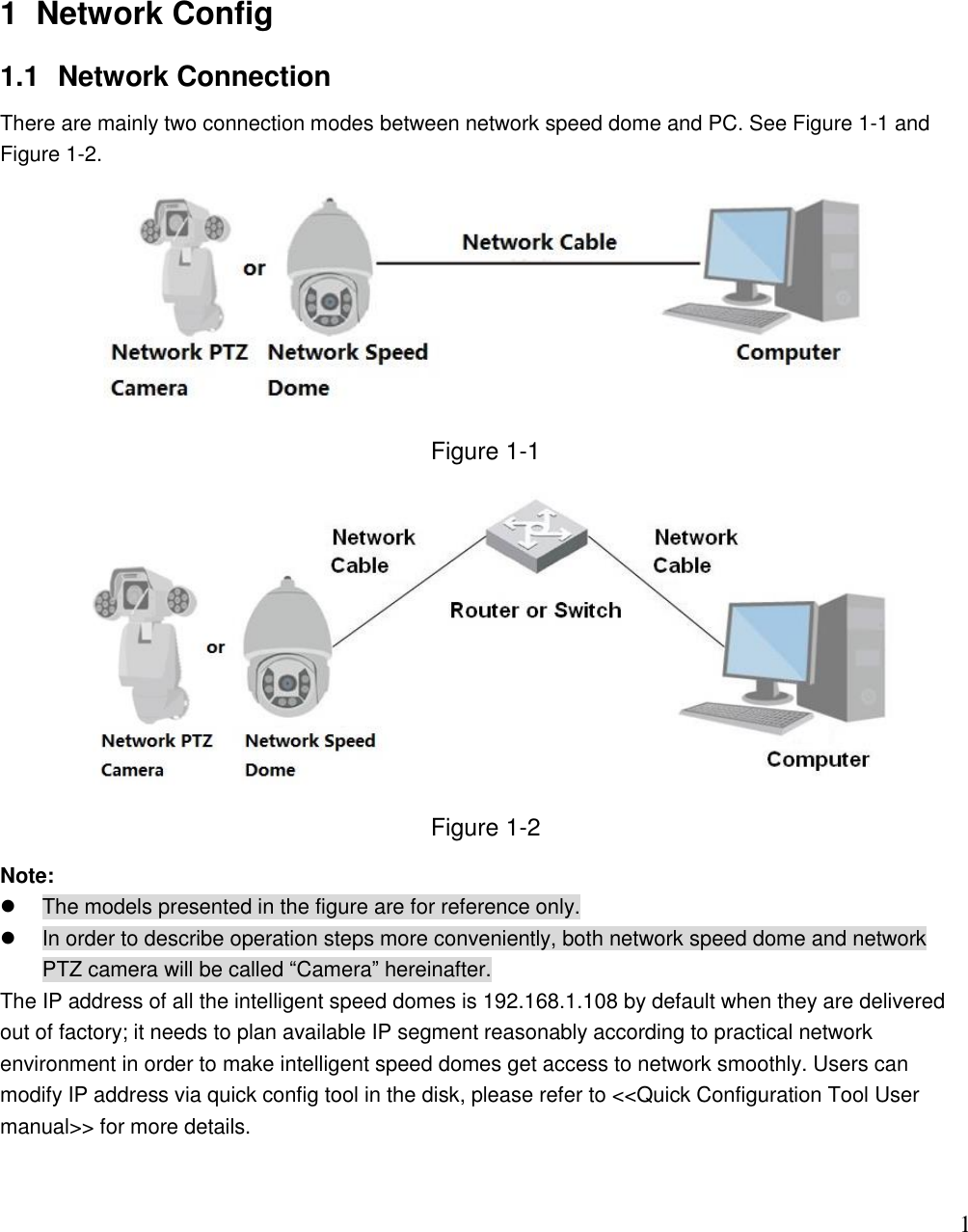                                                                              1 1  Network Config 1.1  Network Connection There are mainly two connection modes between network speed dome and PC. See Figure 1-1 and Figure 1-2.  Figure 1-1  Figure 1-2 Note:    The models presented in the figure are for reference only.    In order to describe operation steps more conveniently, both network speed dome and network PTZ camera will be called “Camera” hereinafter. The IP address of all the intelligent speed domes is 192.168.1.108 by default when they are delivered out of factory; it needs to plan available IP segment reasonably according to practical network environment in order to make intelligent speed domes get access to network smoothly. Users can modify IP address via quick config tool in the disk, please refer to &lt;&lt;Quick Configuration Tool User manual&gt;&gt; for more details.    