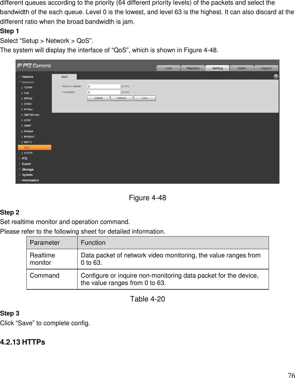                                                                              76 different queues according to the priority (64 different priority levels) of the packets and select the bandwidth of the each queue. Level 0 is the lowest, and level 63 is the highest. It can also discard at the different ratio when the broad bandwidth is jam.  Step 1  Select “Setup &gt; Network &gt; QoS”.  The system will display the interface of “QoS”, which is shown in Figure 4-48.   Figure 4-48 Step 2  Set realtime monitor and operation command.  Please refer to the following sheet for detailed information.  Parameter  Function  Realtime monitor  Data packet of network video monitoring, the value ranges from 0 to 63.  Command  Configure or inquire non-monitoring data packet for the device, the value ranges from 0 to 63.  Table 4-20 Step 3  Click “Save” to complete config.  4.2.13 HTTPs 