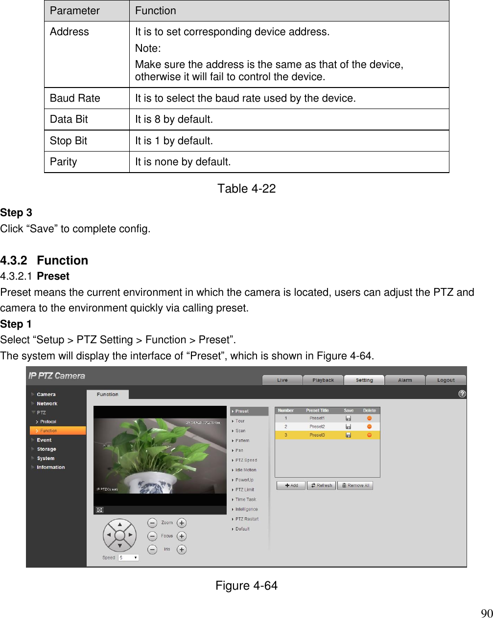                                                                              90  Parameter  Function  Address It is to set corresponding device address. Note:  Make sure the address is the same as that of the device, otherwise it will fail to control the device.    Baud Rate  It is to select the baud rate used by the device. Data Bit  It is 8 by default.  Stop Bit  It is 1 by default.  Parity  It is none by default. Table 4-22 Step 3  Click “Save” to complete config.  4.3.2  Function  4.3.2.1 Preset  Preset means the current environment in which the camera is located, users can adjust the PTZ and camera to the environment quickly via calling preset.  Step 1  Select “Setup &gt; PTZ Setting &gt; Function &gt; Preset”.  The system will display the interface of “Preset”, which is shown in Figure 4-64.   Figure 4-64 