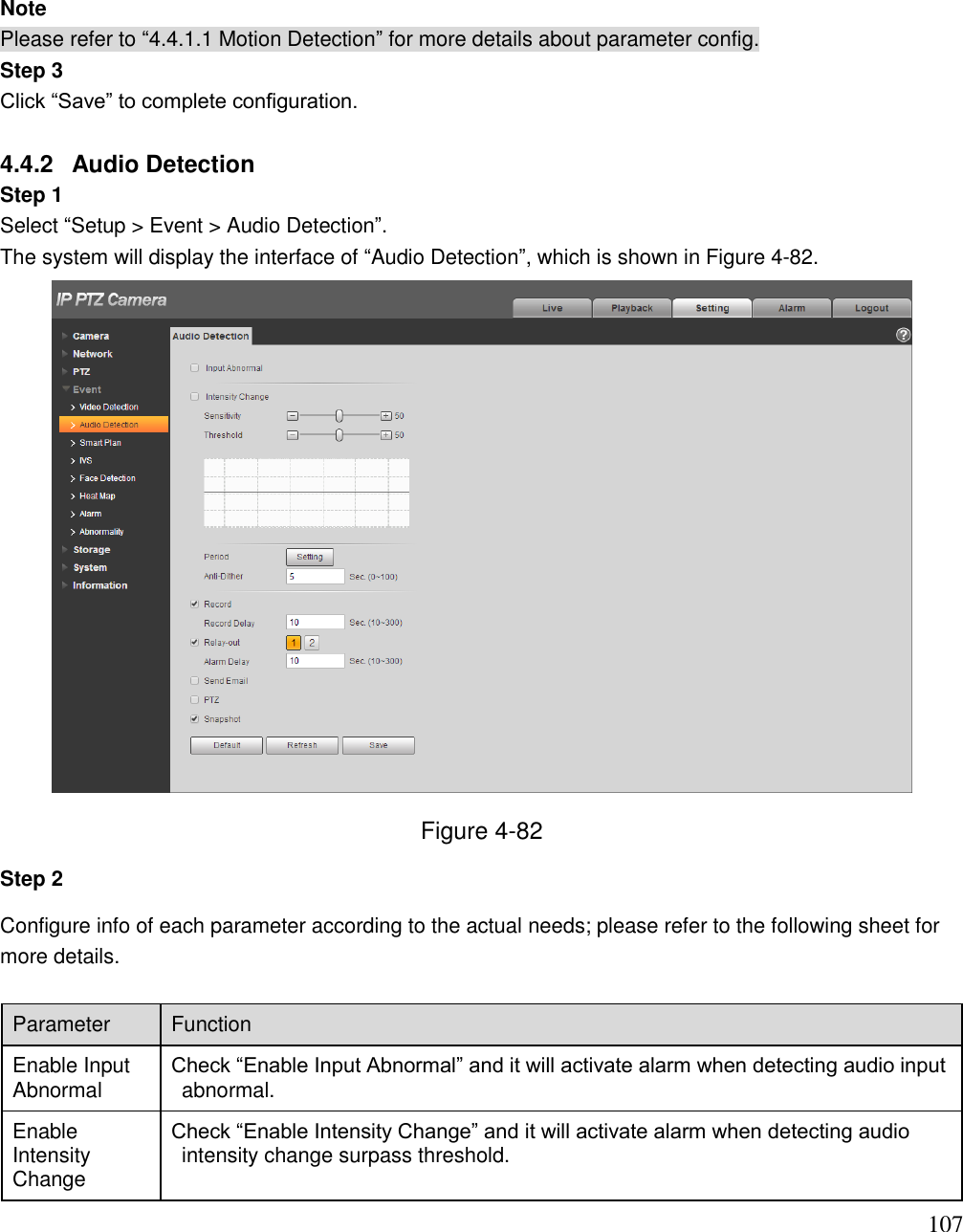                                                                              107 Note Please refer to “4.4.1.1 Motion Detection” for more details about parameter config.  Step 3  Click “Save” to complete configuration.   4.4.2  Audio Detection Step 1  Select “Setup &gt; Event &gt; Audio Detection”.  The system will display the interface of “Audio Detection”, which is shown in Figure 4-82.   Figure 4-82 Step 2  Configure info of each parameter according to the actual needs; please refer to the following sheet for more details.   Parameter Function  Enable Input Abnormal  Check “Enable Input Abnormal” and it will activate alarm when detecting audio input abnormal. Enable Intensity Change Check “Enable Intensity Change” and it will activate alarm when detecting audio intensity change surpass threshold.  