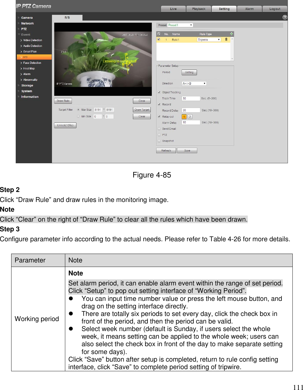                                                                              111  Figure 4-85 Step 2 Click “Draw Rule” and draw rules in the monitoring image. Note Click “Clear” on the right of “Draw Rule” to clear all the rules which have been drawn. Step 3 Configure parameter info according to the actual needs. Please refer to Table 4-26 for more details.  Parameter Note  Working period Note Set alarm period, it can enable alarm event within the range of set period. Click “Setup” to pop out setting interface of “Working Period”.    You can input time number value or press the left mouse button, and drag on the setting interface directly.    There are totally six periods to set every day, click the check box in front of the period, and then the period can be valid.    Select week number (default is Sunday, if users select the whole week, it means setting can be applied to the whole week; users can also select the check box in front of the day to make separate setting for some days). Click “Save” button after setup is completed, return to rule config setting interface, click “Save” to complete period setting of tripwire.   