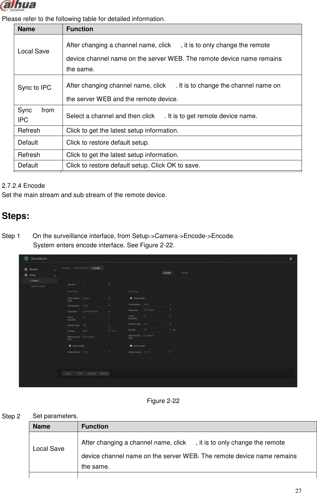     Name Function Local Save After changing a channel name, click      , it is to only change the remote device channel name on the server WEB. The remote device name remains the same. Sync to IPC After changing channel name, click      . It is to change the channel name on the server WEB and the remote device. Sync      from IPC Select a channel and then click      . It is to get remote device name. Refresh Click to get the latest setup information. Default Click to restore default setup. Refresh Click to get the latest setup information. Default Click to restore default setup. Click OK to save. Name Function Channel Please select a channel from the dropdown list. Enable video Check the box to enable sub stream video function. Code stream type It includes general stream, motion stream and alarm stream. The sub stream supports general bit streams only. Name Function Local Save After changing a channel name, click      , it is to only change the remote device channel name on the server WEB. The remote device name remains the same. Sync to IPC After changing channel name, click      . It is to change the channel name on the server WEB and the remote device. Sync      from IPC Select a channel and then click      . It is to get remote device name.       Please refer to the following table for detailed information.                          2.7.2.4 Encode Set the main stream and sub stream of the remote device.   Steps:  Step 1                            Step 2  On the surveillance interface, from Setup-&gt;Camera-&gt;Encode-&gt;Encode. System enters encode interface. See Figure 2-22.                        Figure 2-22  Set parameters.                                          27  