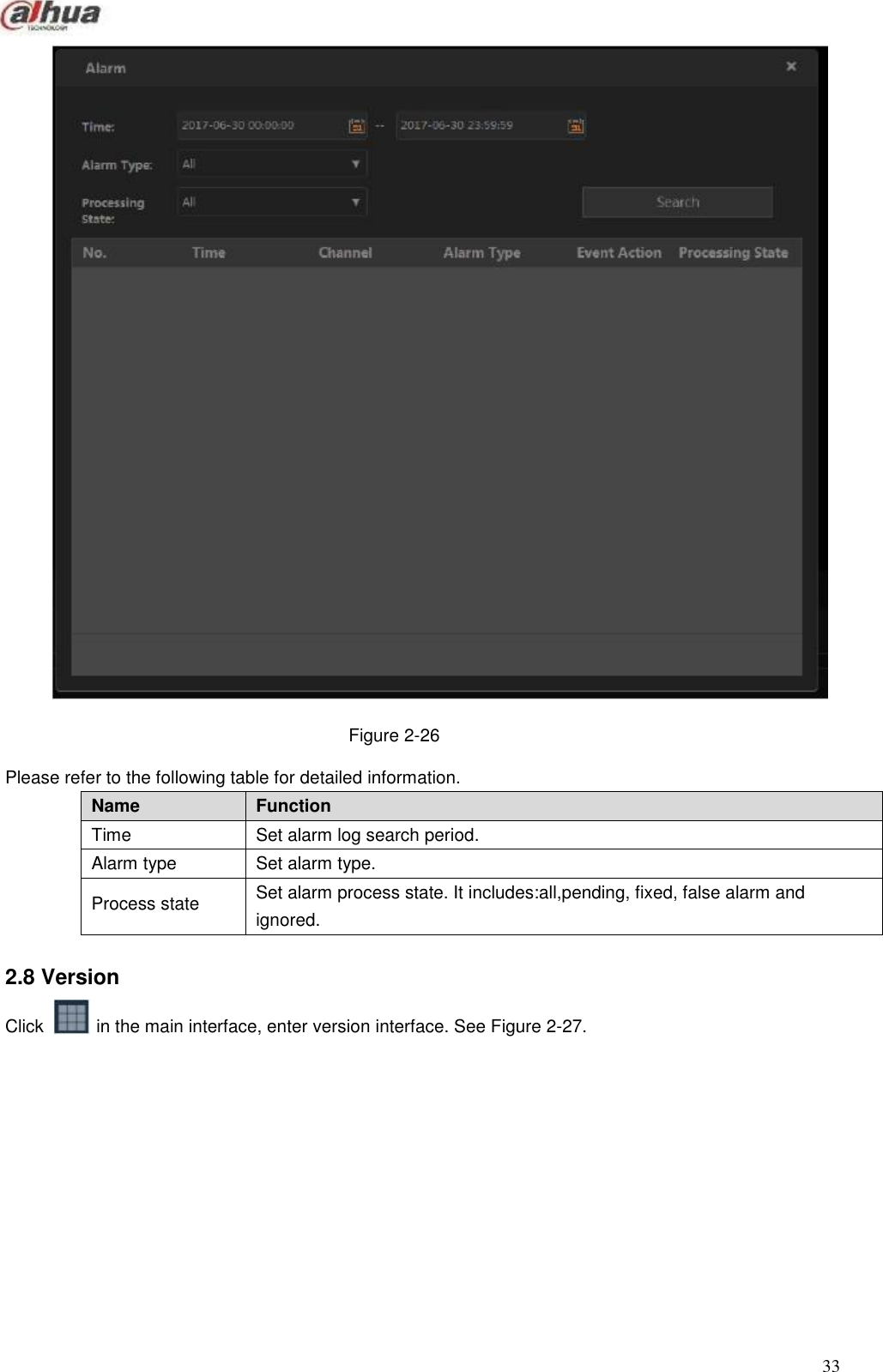       Name Function Time Set alarm log search period. Alarm type Set alarm type. Process state Set alarm process state. It includes:all,pending, fixed, false alarm and ignored.                                             Figure 2-26  Please refer to the following table for detailed information.           2.8 Version  Click   in the main interface, enter version interface. See Figure 2-27.                     33 