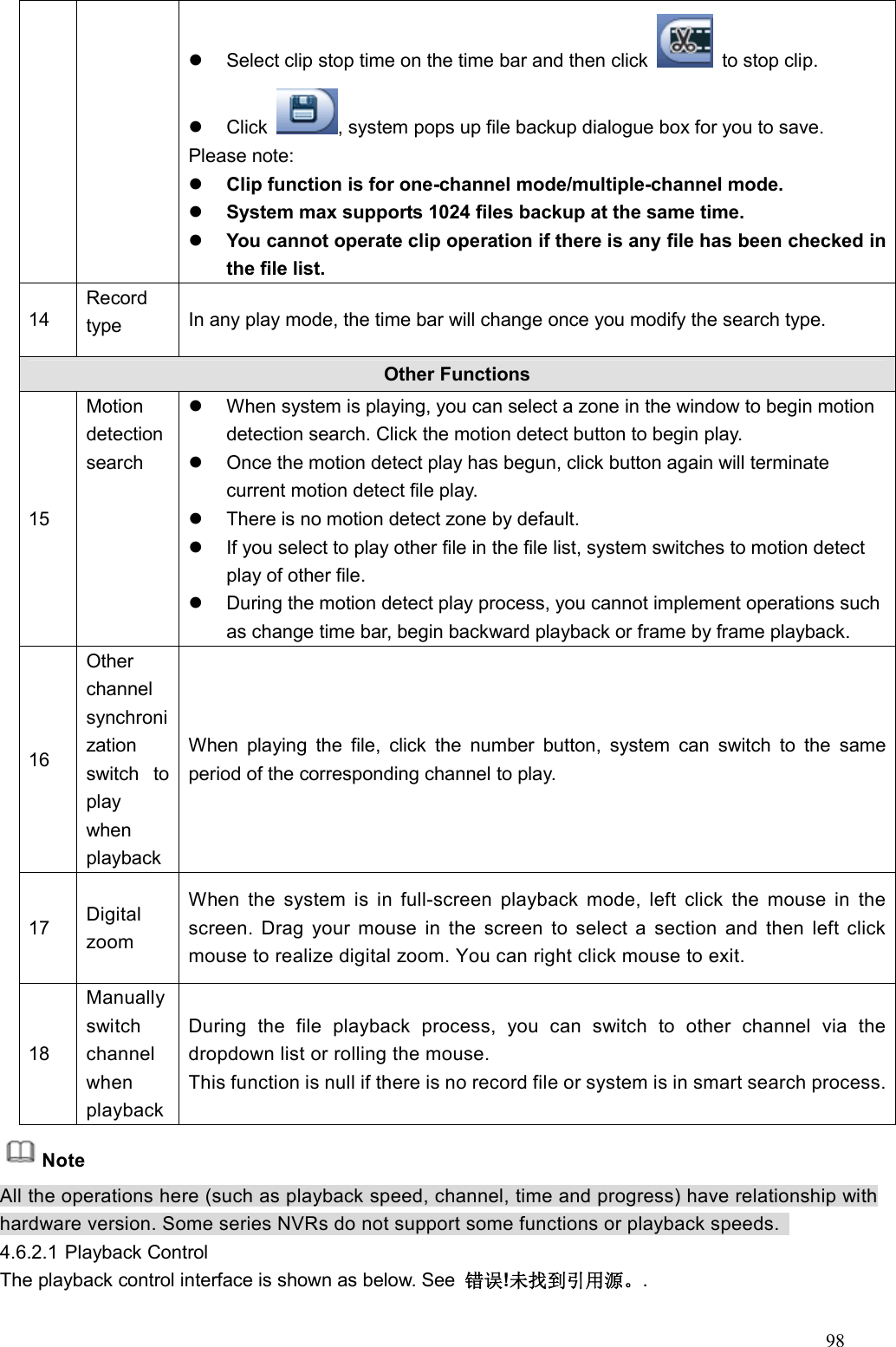 98    Select clip stop time on the time bar and then click    to stop clip.     Click  , system pops up file backup dialogue box for you to save.   Please note:  Clip function is for one-channel mode/multiple-channel mode.  System max supports 1024 files backup at the same time.    You cannot operate clip operation if there is any file has been checked in the file list.     14  Record type    In any play mode, the time bar will change once you modify the search type.   Other Functions 15 Motion detection search     When system is playing, you can select a zone in the window to begin motion detection search. Click the motion detect button to begin play.   Once the motion detect play has begun, click button again will terminate current motion detect file play.     There is no motion detect zone by default.     If you select to play other file in the file list, system switches to motion detect play of other file.     During the motion detect play process, you cannot implement operations such as change time bar, begin backward playback or frame by frame playback. 16 Other channel synchronization switch  to play   when playback  When  playing  the  file,  click  the  number  button,  system  can  switch  to  the  same period of the corresponding channel to play.   17  Digital zoom   When  the  system  is  in  full-screen  playback  mode,  left  click  the  mouse  in  the screen. Drag  your mouse  in  the  screen  to select  a  section  and  then left click mouse to realize digital zoom. You can right click mouse to exit. 18 Manually switch channel when playback  During  the  file  playback  process,  you  can  switch  to  other  channel  via  the dropdown list or rolling the mouse.   This function is null if there is no record file or system is in smart search process. Note All the operations here (such as playback speed, channel, time and progress) have relationship with hardware version. Some series NVRs do not support some functions or playback speeds.   4.6.2.1 Playback Control   The playback control interface is shown as below. See  错误!未找到引用源。. 