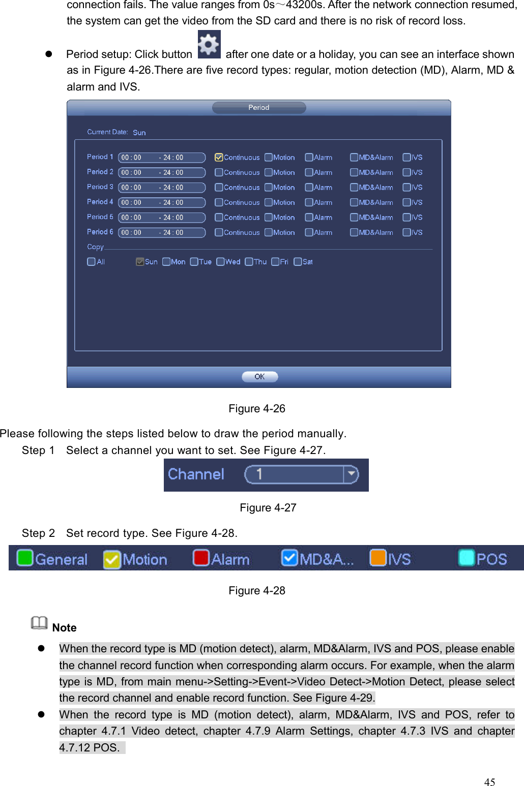 45  connection fails. The value ranges from 0s～43200s. After the network connection resumed, the system can get the video from the SD card and there is no risk of record loss.     Period setup: Click button    after one date or a holiday, you can see an interface shown as in Figure 4-26.There are five record types: regular, motion detection (MD), Alarm, MD &amp; alarm and IVS.  Figure 4-26 Please following the steps listed below to draw the period manually.   Step 1  Select a channel you want to set. See Figure 4-27.  Figure 4-27 Step 2  Set record type. See Figure 4-28.  Figure 4-28       Note   When the record type is MD (motion detect), alarm, MD&amp;Alarm, IVS and POS, please enable the channel record function when corresponding alarm occurs. For example, when the alarm type is MD, from main menu-&gt;Setting-&gt;Event-&gt;Video Detect-&gt;Motion Detect, please select the record channel and enable record function. See Figure 4-29.   When  the  record  type  is  MD  (motion  detect),  alarm,  MD&amp;Alarm,  IVS  and  POS,  refer  to chapter  4.7.1  Video  detect,  chapter  4.7.9  Alarm  Settings,  chapter  4.7.3  IVS  and  chapter 4.7.12 POS.   