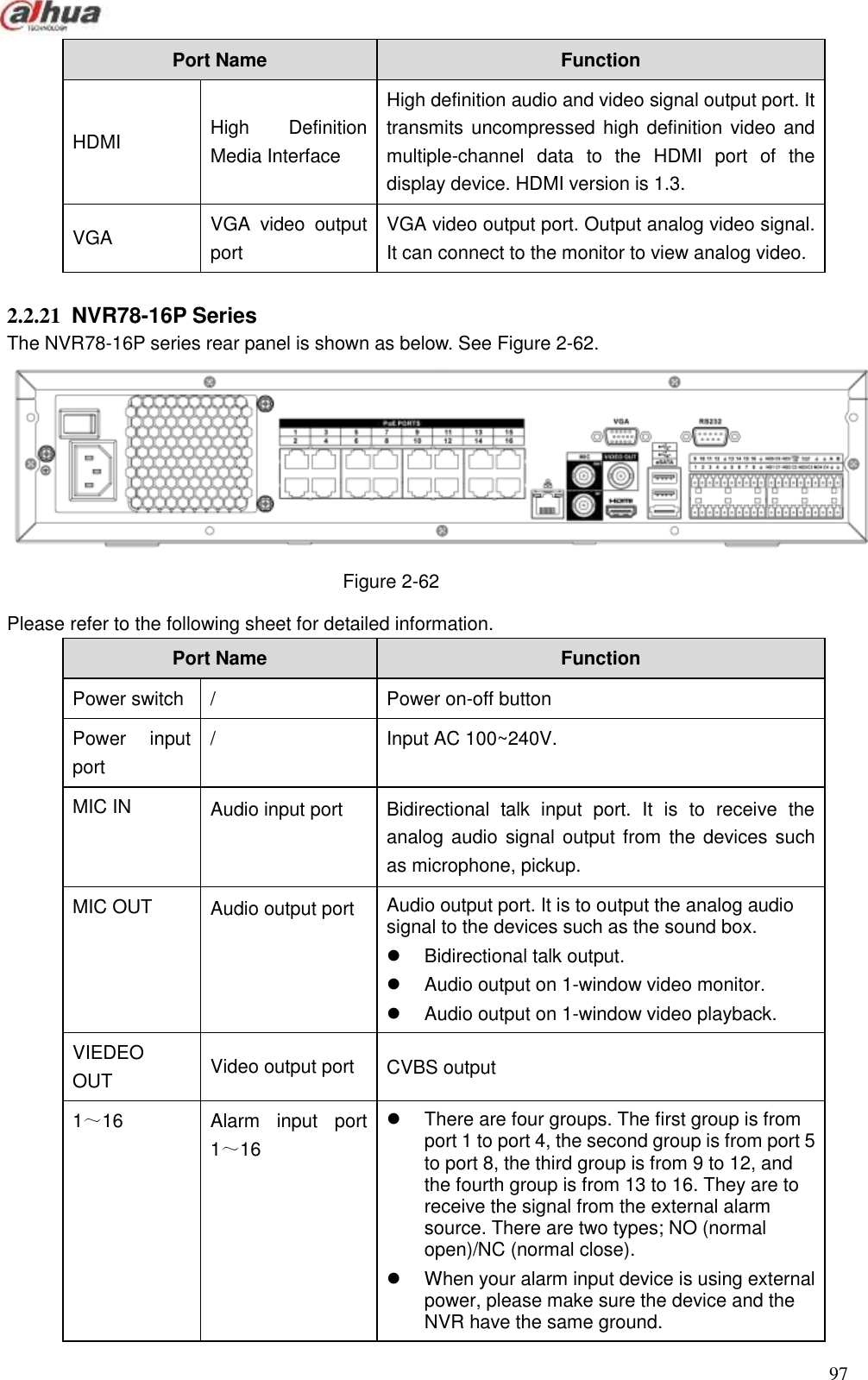  97  Port Name   Function   HDMI High  Definition Media Interface High definition audio and video signal output port. It transmits uncompressed high definition video and multiple-channel  data  to  the  HDMI  port  of  the display device. HDMI version is 1.3. VGA VGA  video  output port VGA video output port. Output analog video signal. It can connect to the monitor to view analog video.  2.2.21  NVR78-16P Series The NVR78-16P series rear panel is shown as below. See Figure 2-62.  Figure 2-62 Please refer to the following sheet for detailed information. Port Name   Function   Power switch   / Power on-off button   Power  input port   / Input AC 100~240V. MIC IN Audio input port Bidirectional  talk  input  port.  It  is  to  receive  the analog audio signal output from the devices such as microphone, pickup. MIC OUT Audio output port Audio output port. It is to output the analog audio signal to the devices such as the sound box.     Bidirectional talk output.     Audio output on 1-window video monitor.     Audio output on 1-window video playback. VIEDEO   OUT Video output port   CVBS output   1～16 Alarm  input  port 1～16   There are four groups. The first group is from port 1 to port 4, the second group is from port 5 to port 8, the third group is from 9 to 12, and the fourth group is from 13 to 16. They are to receive the signal from the external alarm source. There are two types; NO (normal open)/NC (normal close).   When your alarm input device is using external power, please make sure the device and the NVR have the same ground. 