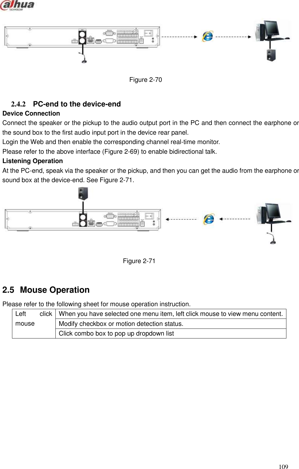  109   Figure 2-70  2.4.2 PC-end to the device-end Device Connection   Connect the speaker or the pickup to the audio output port in the PC and then connect the earphone or the sound box to the first audio input port in the device rear panel. Login the Web and then enable the corresponding channel real-time monitor.   Please refer to the above interface (Figure 2-69) to enable bidirectional talk.   Listening Operation At the PC-end, speak via the speaker or the pickup, and then you can get the audio from the earphone or sound box at the device-end. See Figure 2-71.  Figure 2-71  2.5  Mouse Operation   Please refer to the following sheet for mouse operation instruction.   Left  click mouse When you have selected one menu item, left click mouse to view menu content. Modify checkbox or motion detection status. Click combo box to pop up dropdown list 