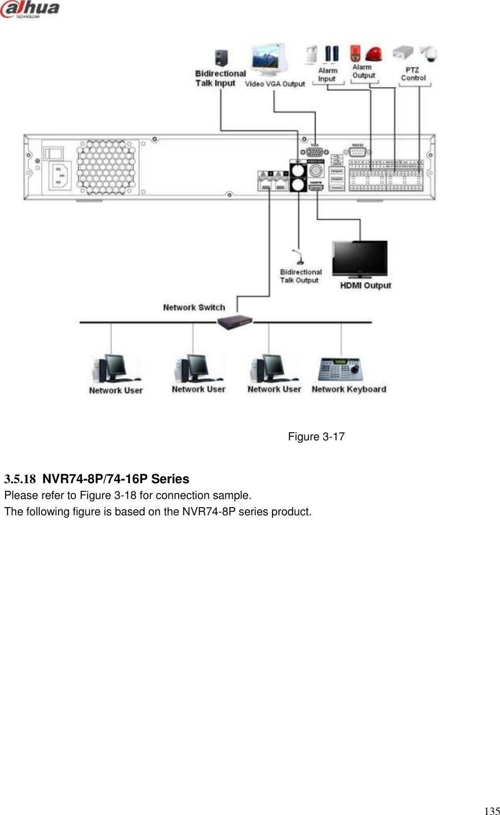  135   Figure 3-17  3.5.18  NVR74-8P/74-16P Series   Please refer to Figure 3-18 for connection sample. The following figure is based on the NVR74-8P series product.    