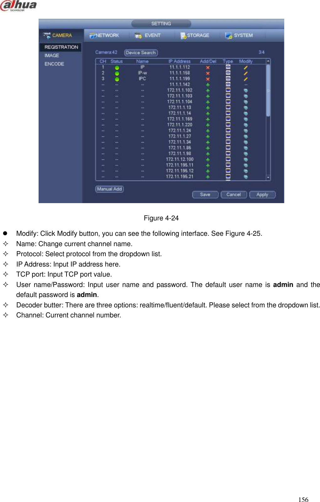  156   Figure 4-24   Modify: Click Modify button, you can see the following interface. See Figure 4-25.   Name: Change current channel name.     Protocol: Select protocol from the dropdown list.     IP Address: Input IP address here.     TCP port: Input TCP port value.     User name/Password:  Input user  name and password. The default user name is  admin and  the default password is admin.     Decoder butter: There are three options: realtime/fluent/default. Please select from the dropdown list.       Channel: Current channel number.   