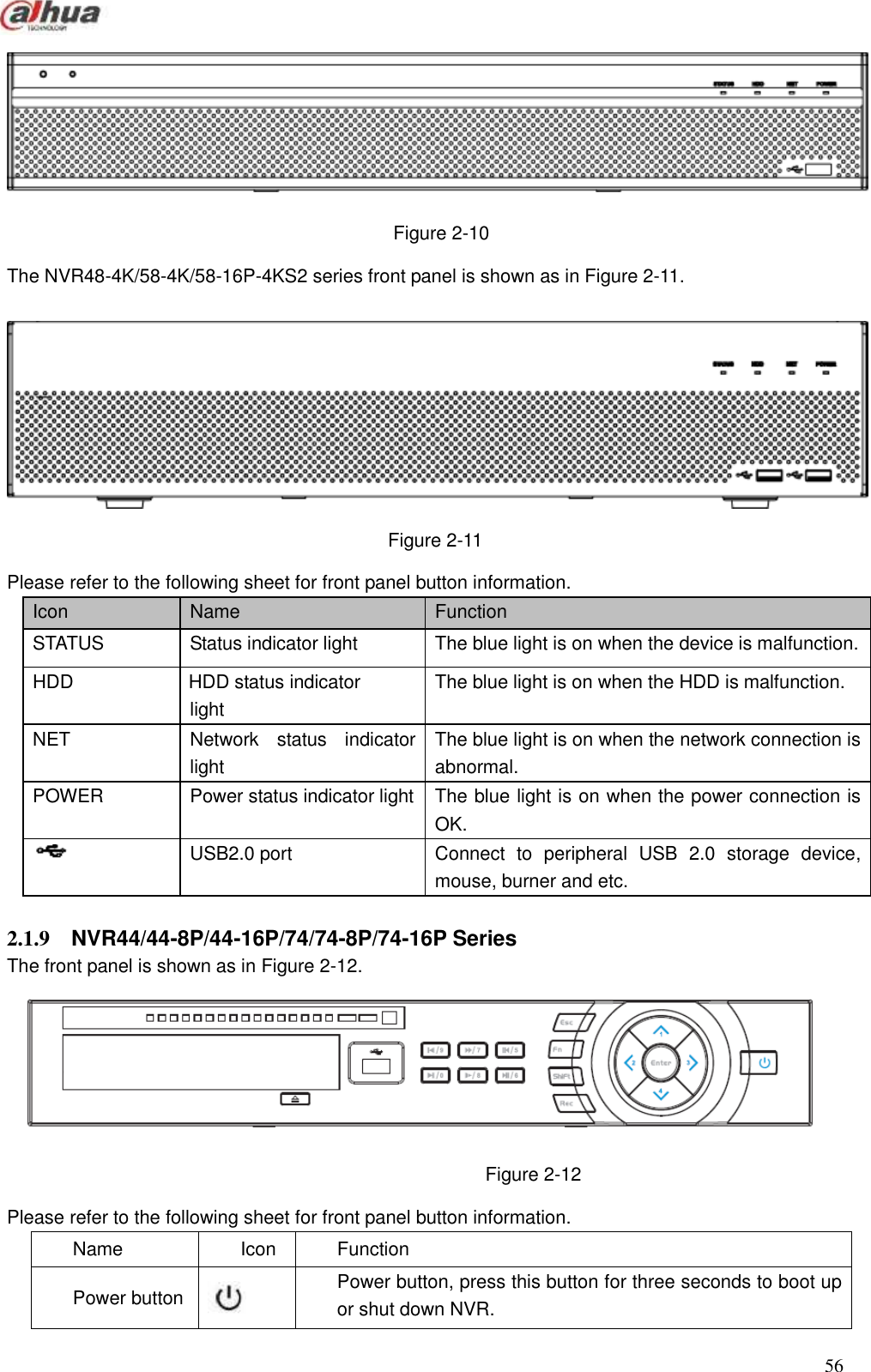  56   Figure 2-10 The NVR48-4K/58-4K/58-16P-4KS2 series front panel is shown as in Figure 2-11.   Figure 2-11 Please refer to the following sheet for front panel button information. Icon Name Function   STATUS Status indicator light   The blue light is on when the device is malfunction.   HDD HDD status indicator light   The blue light is on when the HDD is malfunction.   NET Network  status  indicator light   The blue light is on when the network connection is abnormal.   POWER Power status indicator light   The blue light is on when the power connection is OK.    USB2.0 port   Connect  to  peripheral  USB  2.0  storage  device, mouse, burner and etc.    2.1.9  NVR44/44-8P/44-16P/74/74-8P/74-16P Series   The front panel is shown as in Figure 2-12.    Figure 2-12 Please refer to the following sheet for front panel button information. Name Icon Function Power button  Power button, press this button for three seconds to boot up or shut down NVR.   