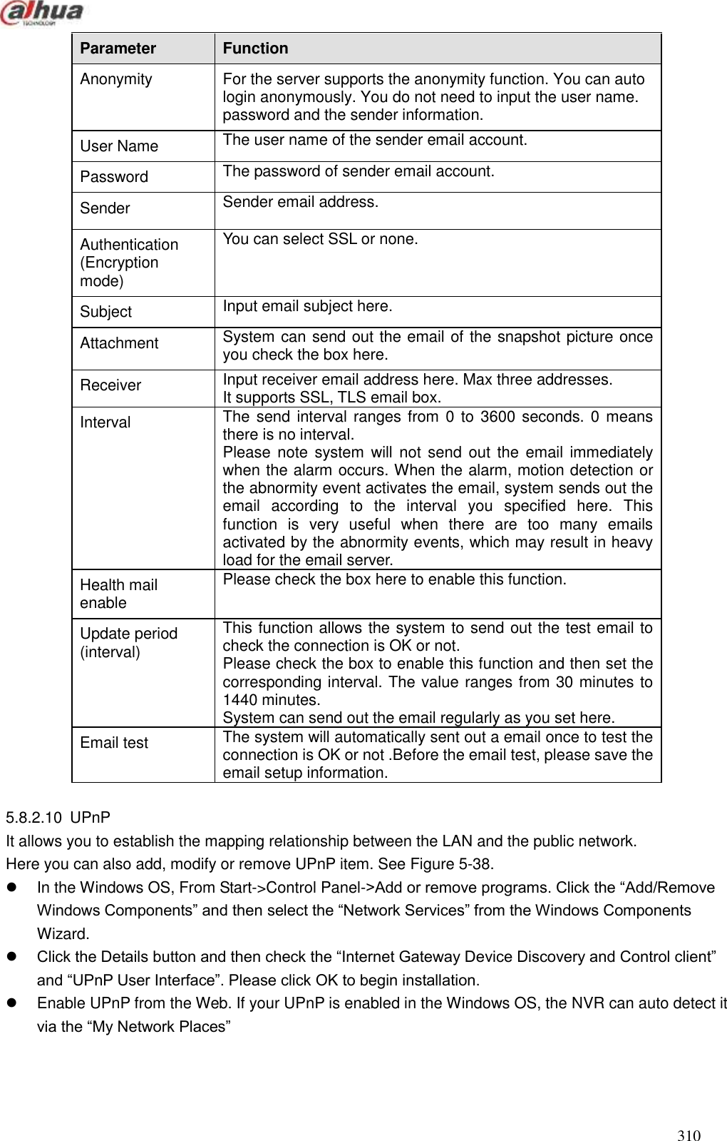  310  Parameter   Function   Anonymity   For the server supports the anonymity function. You can auto login anonymously. You do not need to input the user name. password and the sender information.     User Name The user name of the sender email account. Password The password of sender email account. Sender Sender email address.  Authentication (Encryption mode)   You can select SSL or none.   Subject Input email subject here.   Attachment   System can send out the email of the snapshot picture once you check the box here.   Receiver Input receiver email address here. Max three addresses. It supports SSL, TLS email box.   Interval   The send interval ranges from 0 to 3600 seconds.  0  means there is no interval. Please note  system  will  not send  out  the  email  immediately when the alarm occurs. When the alarm, motion detection or the abnormity event activates the email, system sends out the email  according  to  the  interval  you  specified  here.  This function  is  very  useful  when  there  are  too  many  emails activated by the abnormity events, which may result in heavy load for the email server. Health mail enable   Please check the box here to enable this function.    Update period (interval)   This function allows the system to send out the test email to check the connection is OK or not.   Please check the box to enable this function and then set the corresponding interval. The value ranges from 30 minutes to 1440 minutes. System can send out the email regularly as you set here.   Email test   The system will automatically sent out a email once to test the connection is OK or not .Before the email test, please save the email setup information.    5.8.2.10  UPnP It allows you to establish the mapping relationship between the LAN and the public network. Here you can also add, modify or remove UPnP item. See Figure 5-38.   In the Windows OS, From Start-&gt;Control Panel-&gt;Add or remove programs. Click the ―Add/Remove Windows Components‖ and then select the ―Network Services‖ from the Windows Components Wizard.    Click the Details button and then check the ―Internet Gateway Device Discovery and Control client‖ and ―UPnP User Interface‖. Please click OK to begin installation.     Enable UPnP from the Web. If your UPnP is enabled in the Windows OS, the NVR can auto detect it via the ―My Network Places‖ 