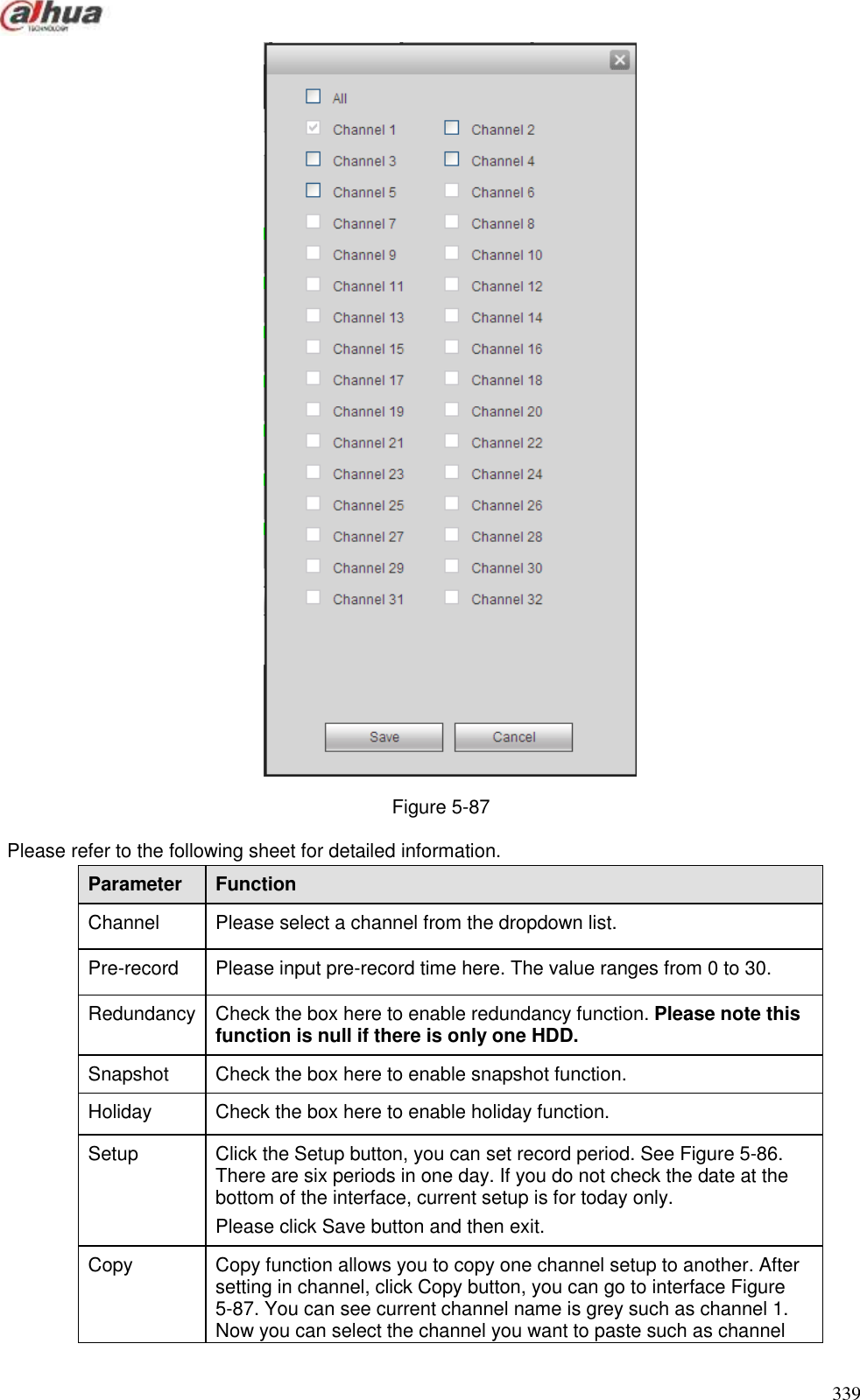  339   Figure 5-87 Please refer to the following sheet for detailed information.   Parameter   Function   Channel   Please select a channel from the dropdown list.     Pre-record   Please input pre-record time here. The value ranges from 0 to 30.   Redundancy   Check the box here to enable redundancy function. Please note this function is null if there is only one HDD. Snapshot   Check the box here to enable snapshot function.   Holiday   Check the box here to enable holiday function. Setup   Click the Setup button, you can set record period. See Figure 5-86. There are six periods in one day. If you do not check the date at the bottom of the interface, current setup is for today only.   Please click Save button and then exit.   Copy Copy function allows you to copy one channel setup to another. After setting in channel, click Copy button, you can go to interface Figure 5-87. You can see current channel name is grey such as channel 1. Now you can select the channel you want to paste such as channel 