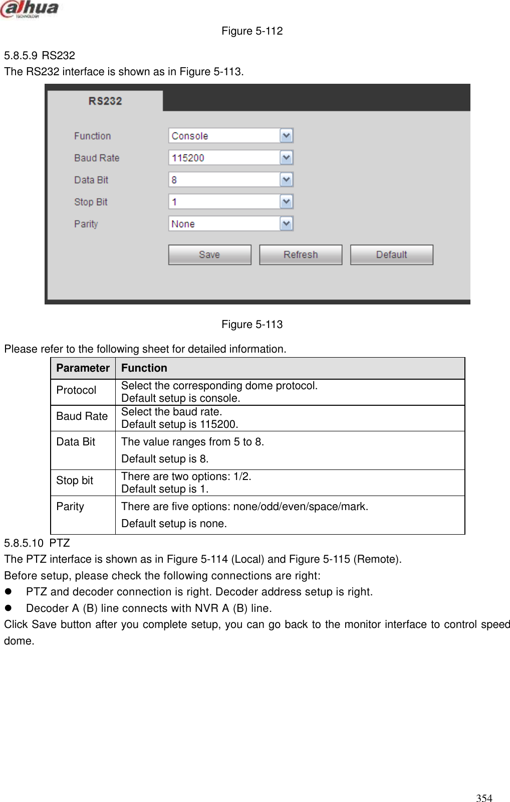  354  Figure 5-112 5.8.5.9 RS232 The RS232 interface is shown as in Figure 5-113.  Figure 5-113 Please refer to the following sheet for detailed information.   Parameter   Function   Protocol Select the corresponding dome protocol. Default setup is console.   Baud Rate Select the baud rate.   Default setup is 115200. Data Bit   The value ranges from 5 to 8.   Default setup is 8. Stop bit   There are two options: 1/2.   Default setup is 1. Parity   There are five options: none/odd/even/space/mark. Default setup is none.   5.8.5.10  PTZ   The PTZ interface is shown as in Figure 5-114 (Local) and Figure 5-115 (Remote). Before setup, please check the following connections are right:   PTZ and decoder connection is right. Decoder address setup is right.   Decoder A (B) line connects with NVR A (B) line. Click Save button after you complete setup, you can go back to the monitor interface to control speed dome.   