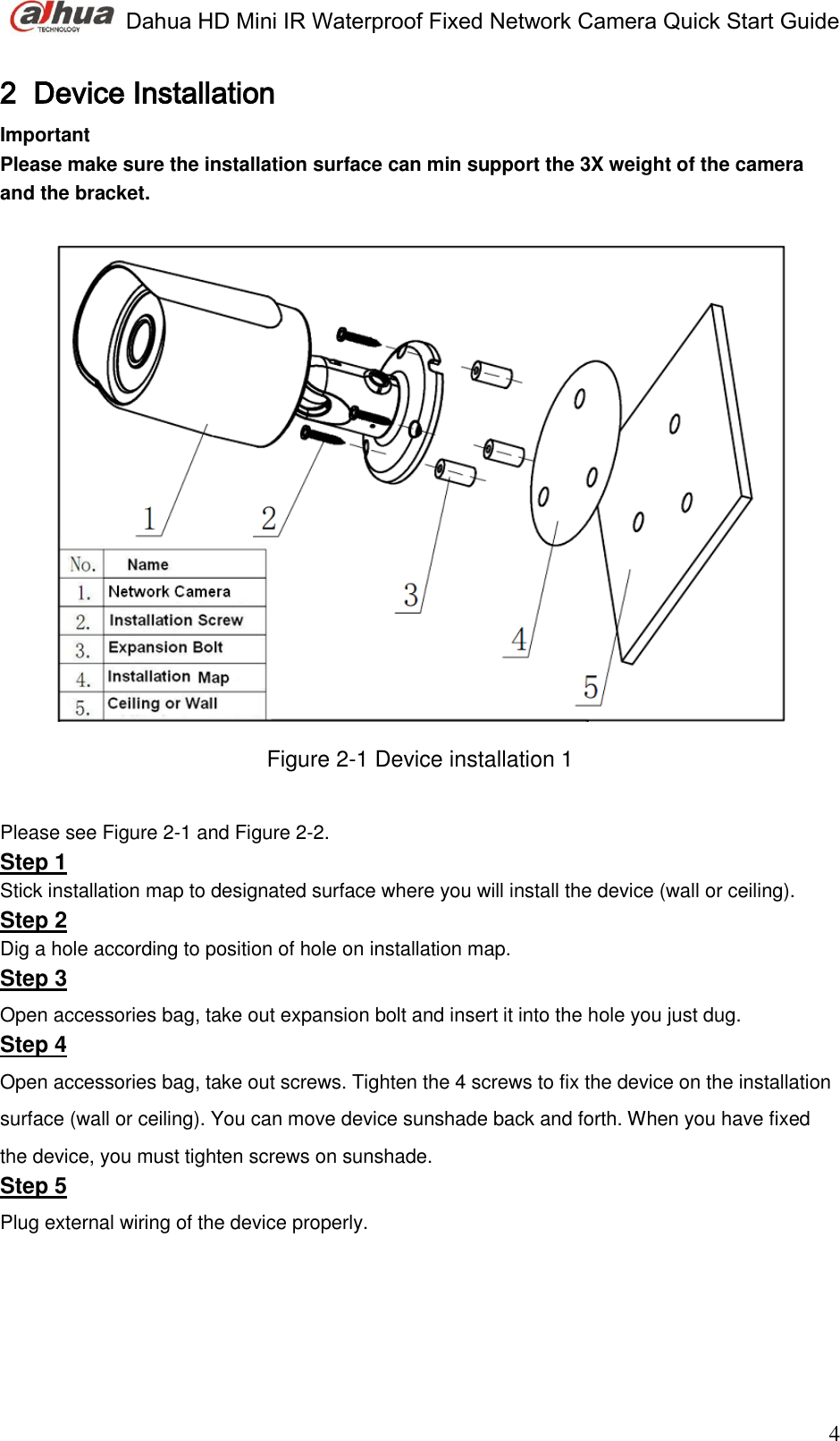  Dahua HD Mini IR Waterproof Fixed Network Camera Quick Start Guide                                                                               4 2 Device Installation  Important Please make sure the installation surface can min support the 3X weight of the camera and the bracket.    Figure 2-1 Device installation 1  Please see Figure 2-1 and Figure 2-2. Step 1 Stick installation map to designated surface where you will install the device (wall or ceiling). Step 2  Dig a hole according to position of hole on installation map. Step 3 Open accessories bag, take out expansion bolt and insert it into the hole you just dug.  Step 4 Open accessories bag, take out screws. Tighten the 4 screws to fix the device on the installation surface (wall or ceiling). You can move device sunshade back and forth. When you have fixed the device, you must tighten screws on sunshade.  Step 5 Plug external wiring of the device properly.  
