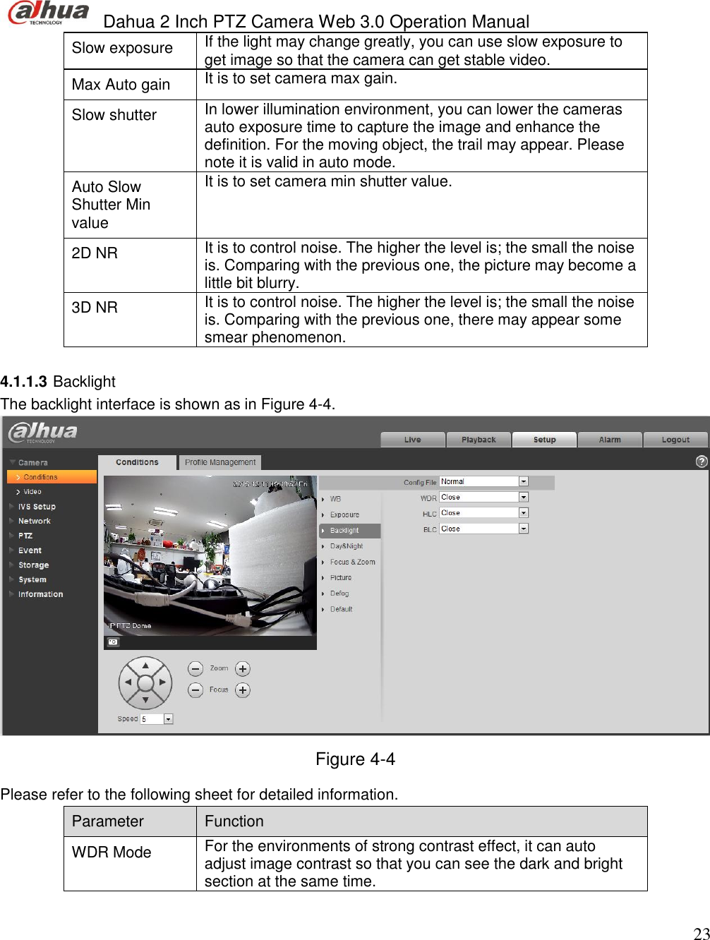  Dahua 2 Inch PTZ Camera Web 3.0 Operation Manual                                                                             23 Slow exposure  If the light may change greatly, you can use slow exposure to get image so that the camera can get stable video.  Max Auto gain  It is to set camera max gain.   Slow shutter  In lower illumination environment, you can lower the cameras auto exposure time to capture the image and enhance the definition. For the moving object, the trail may appear. Please note it is valid in auto mode.  Auto Slow Shutter Min value  It is to set camera min shutter value.  2D NR It is to control noise. The higher the level is; the small the noise is. Comparing with the previous one, the picture may become a little bit blurry.   3D NR It is to control noise. The higher the level is; the small the noise is. Comparing with the previous one, there may appear some smear phenomenon.    4.1.1.3 Backlight The backlight interface is shown as in Figure 4-4.  Figure 4-4 Please refer to the following sheet for detailed information.  Parameter  Function  WDR Mode For the environments of strong contrast effect, it can auto adjust image contrast so that you can see the dark and bright section at the same time.  