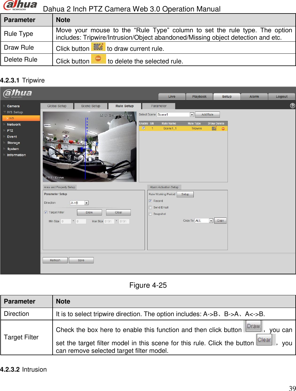  Dahua 2 Inch PTZ Camera Web 3.0 Operation Manual                                                                             39 Parameter  Note  Rule Type  Move  your  mouse  to  the  “Rule  Type”  column  to  set  the  rule  type.  The  option includes: Tripwire/Intrusion/Object abandoned/Missing object detection and etc.  Draw Rule  Click button   to draw current rule. Delete Rule  Click button   to delete the selected rule.  4.2.3.1 Tripwire   Figure 4-25 Parameter  Note  Direction  It is to select tripwire direction. The option includes: A-&gt;B、B-&gt;A、A&lt;-&gt;B. Target Filter Check the box here to enable this function and then click button  ，you can set the target filter model in this scene for this rule. Click the button  ，you can remove selected target filter model.  4.2.3.2 Intrusion  