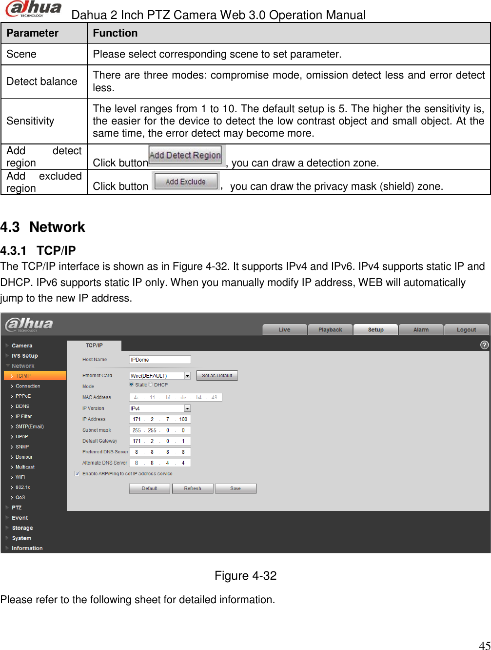  Dahua 2 Inch PTZ Camera Web 3.0 Operation Manual                                                                             45 Parameter  Function  Scene  Please select corresponding scene to set parameter.  Detect balance  There are three modes: compromise mode, omission detect less and error detect less. Sensitivity  The level ranges from 1 to 10. The default setup is 5. The higher the sensitivity is, the easier for the device to detect the low contrast object and small object. At the same time, the error detect may become more.  Add  detect region  Click button , you can draw a detection zone. Add  excluded region  Click button  ，you can draw the privacy mask (shield) zone.  4.3  Network  4.3.1  TCP/IP The TCP/IP interface is shown as in Figure 4-32. It supports IPv4 and IPv6. IPv4 supports static IP and DHCP. IPv6 supports static IP only. When you manually modify IP address, WEB will automatically jump to the new IP address.  Figure 4-32 Please refer to the following sheet for detailed information.  