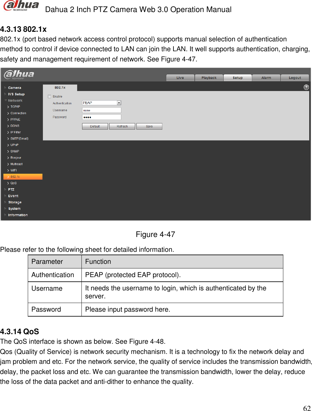  Dahua 2 Inch PTZ Camera Web 3.0 Operation Manual                                                                             62  4.3.13 802.1x 802.1x (port based network access control protocol) supports manual selection of authentication method to control if device connected to LAN can join the LAN. It well supports authentication, charging, safety and management requirement of network. See Figure 4-47.  Figure 4-47 Please refer to the following sheet for detailed information.  Parameter  Function  Authentication PEAP (protected EAP protocol).   Username It needs the username to login, which is authenticated by the server. Password Please input password here.   4.3.14 QoS The QoS interface is shown as below. See Figure 4-48. Qos (Quality of Service) is network security mechanism. It is a technology to fix the network delay and jam problem and etc. For the network service, the quality of service includes the transmission bandwidth, delay, the packet loss and etc. We can guarantee the transmission bandwidth, lower the delay, reduce the loss of the data packet and anti-dither to enhance the quality.  