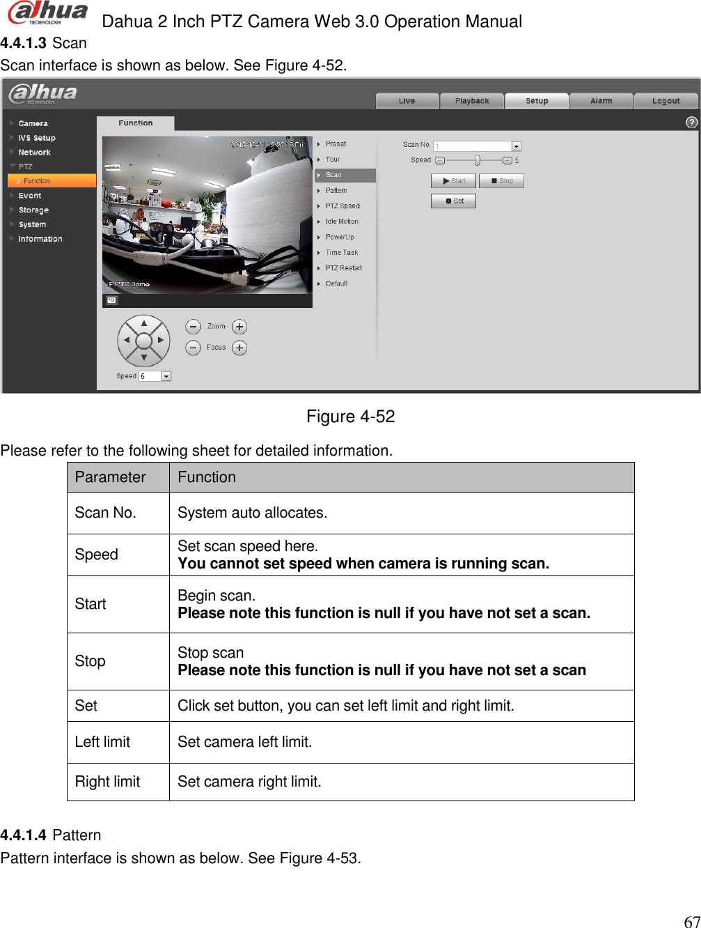  Dahua 2 Inch PTZ Camera Web 3.0 Operation Manual                                                                             67 4.4.1.3 Scan  Scan interface is shown as below. See Figure 4-52.  Figure 4-52 Please refer to the following sheet for detailed information.  Parameter  Function  Scan No. System auto allocates.  Speed Set scan speed here.  You cannot set speed when camera is running scan.   Start  Begin scan.  Please note this function is null if you have not set a scan.  Stop  Stop scan  Please note this function is null if you have not set a scan Set Click set button, you can set left limit and right limit.  Left limit  Set camera left limit.   Right limit  Set camera right limit.   4.4.1.4 Pattern  Pattern interface is shown as below. See Figure 4-53. 